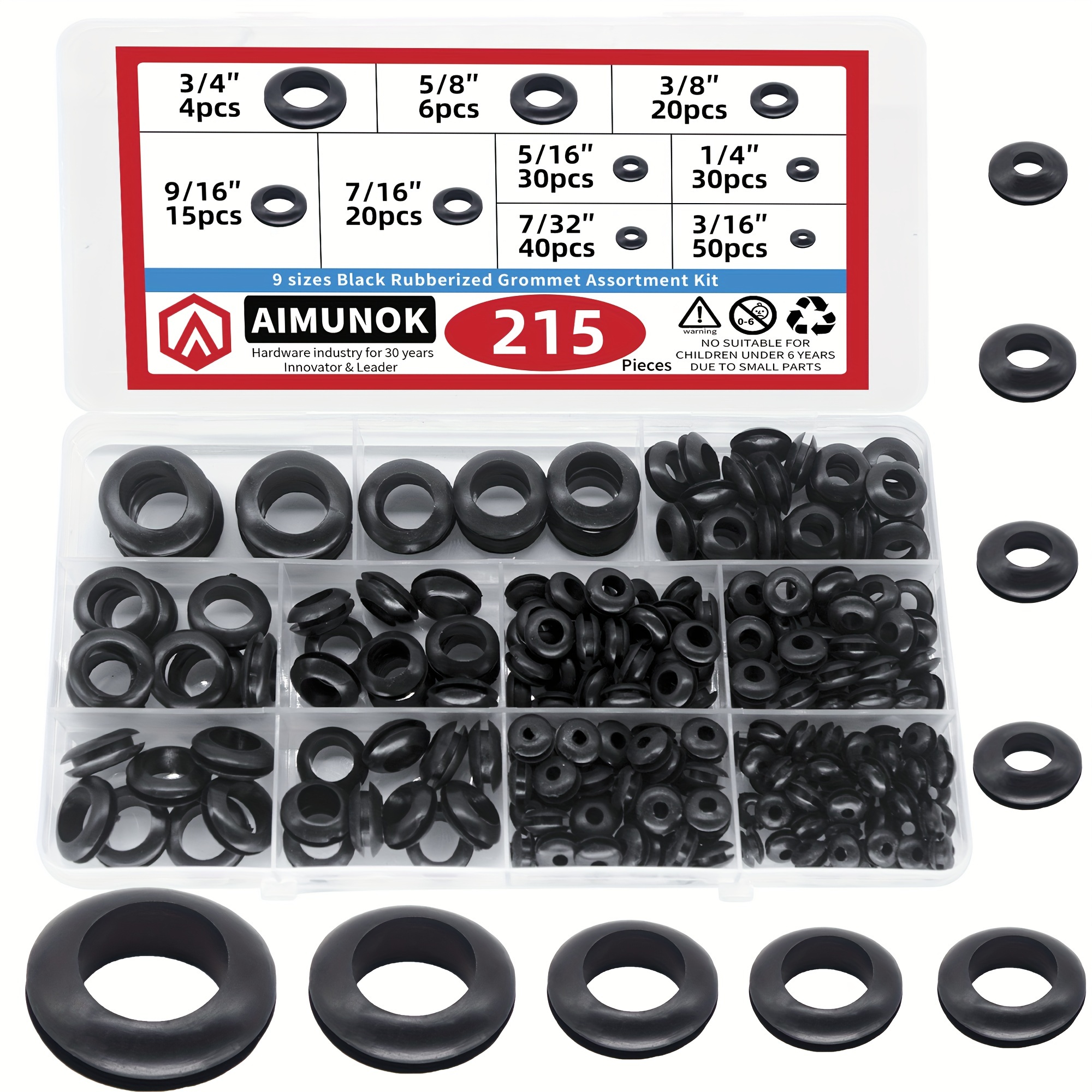 

Kit d'Assortiment de 215pcs de Rondelles en Caoutchouc, 9 Tailles de Joint d'Anneau d'Œillet 3/16" 7/32" 1/4" 5/16" 3/8" 7/16" 9/16" 5/8" 3/4" Noir