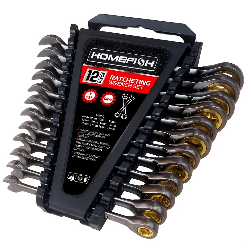 Image of Homefish 12pcs Ratcheting Combination Wrench Set, 72-tooth Spanner Kit, In Sae Inch Sizes & Metric 8-19mm, Plated Anti-rust Wrenches With Storage Organizer Rack