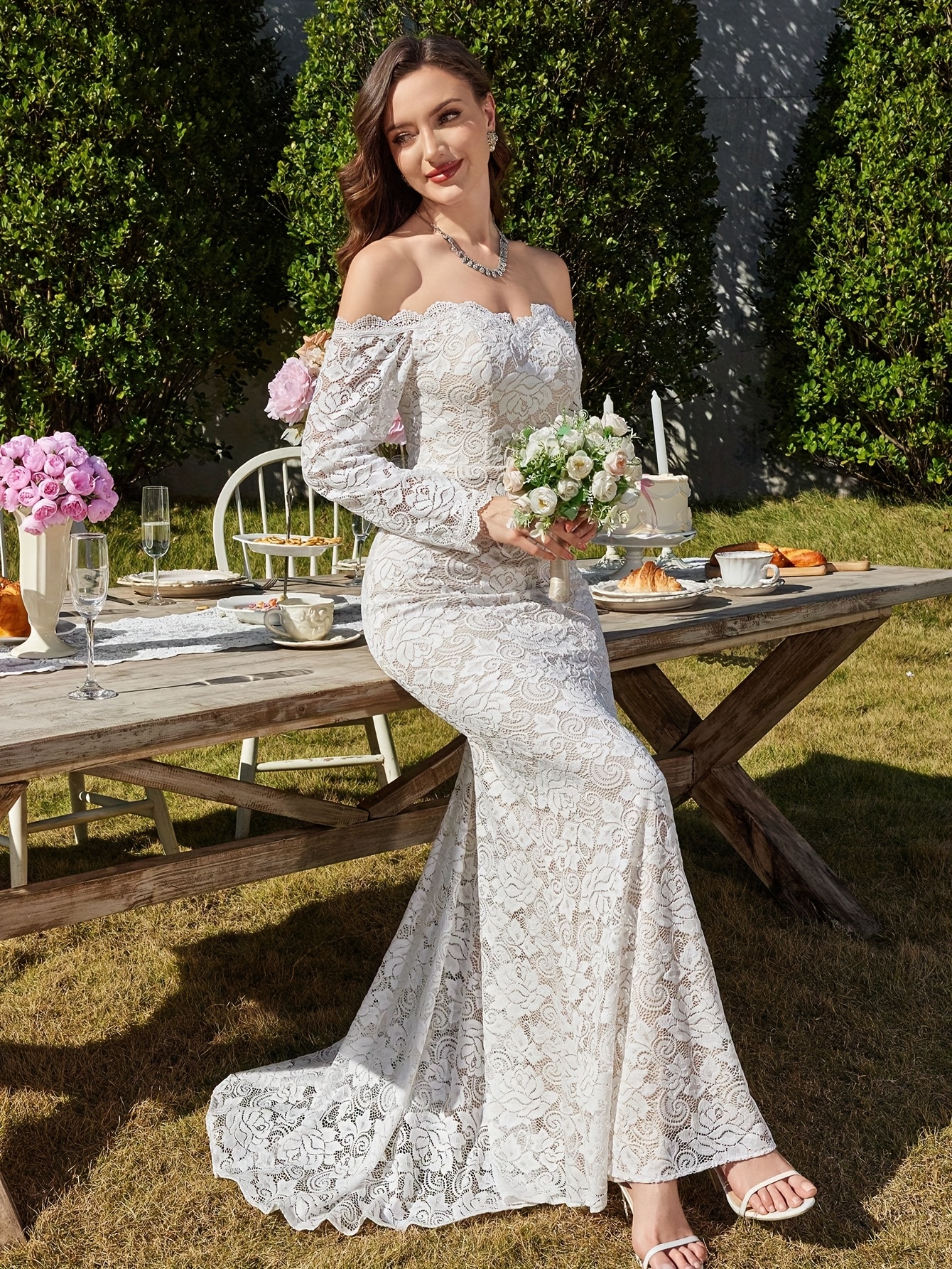 shoulder straight sleeve backless lace bodycon train wedding - Temu Bahrain