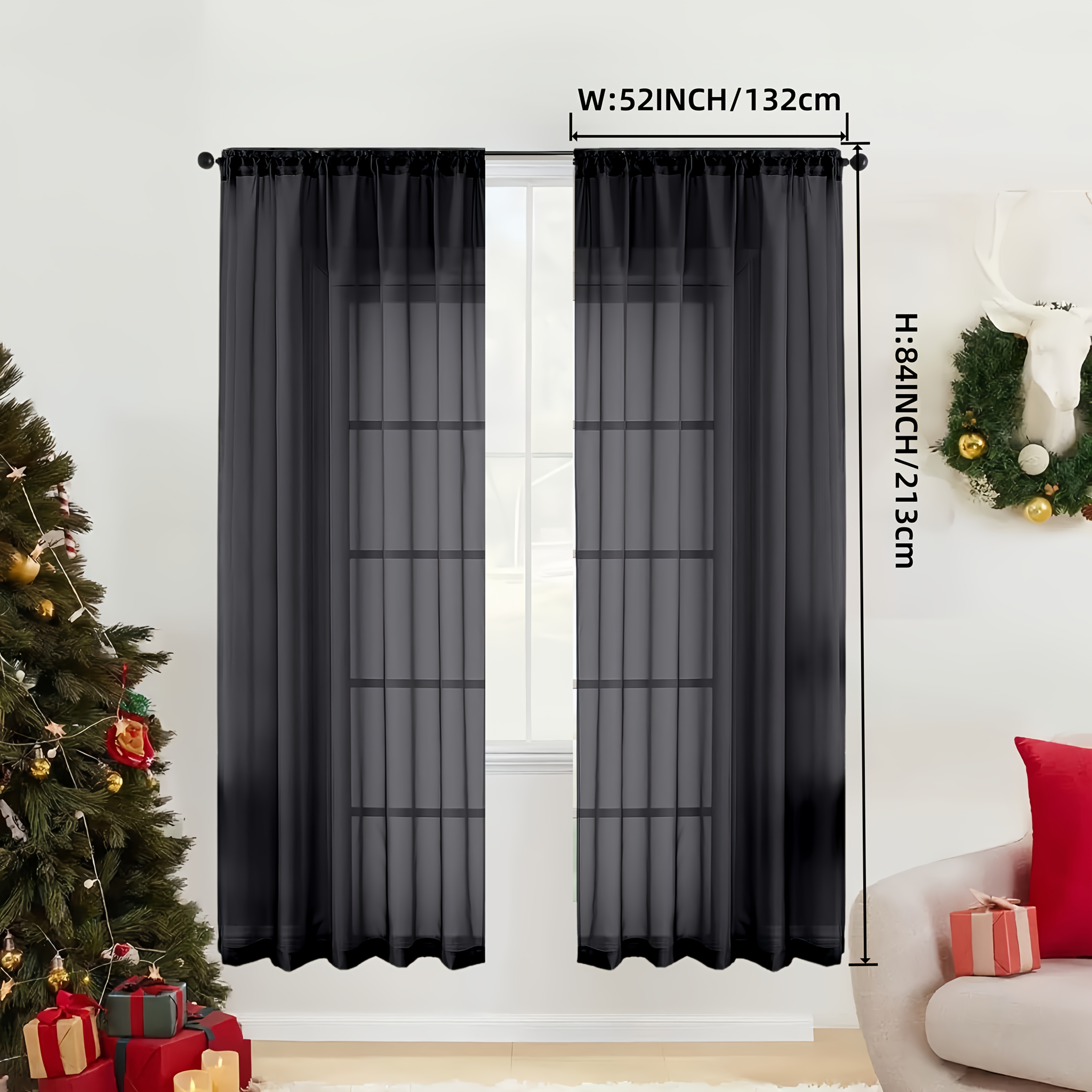 TEMU Lot de 2, Rideau filtrant voilage noir moderne, Écran de fenêtre semi-transparent, Suspension de rideau à passe-tringle, Protection de