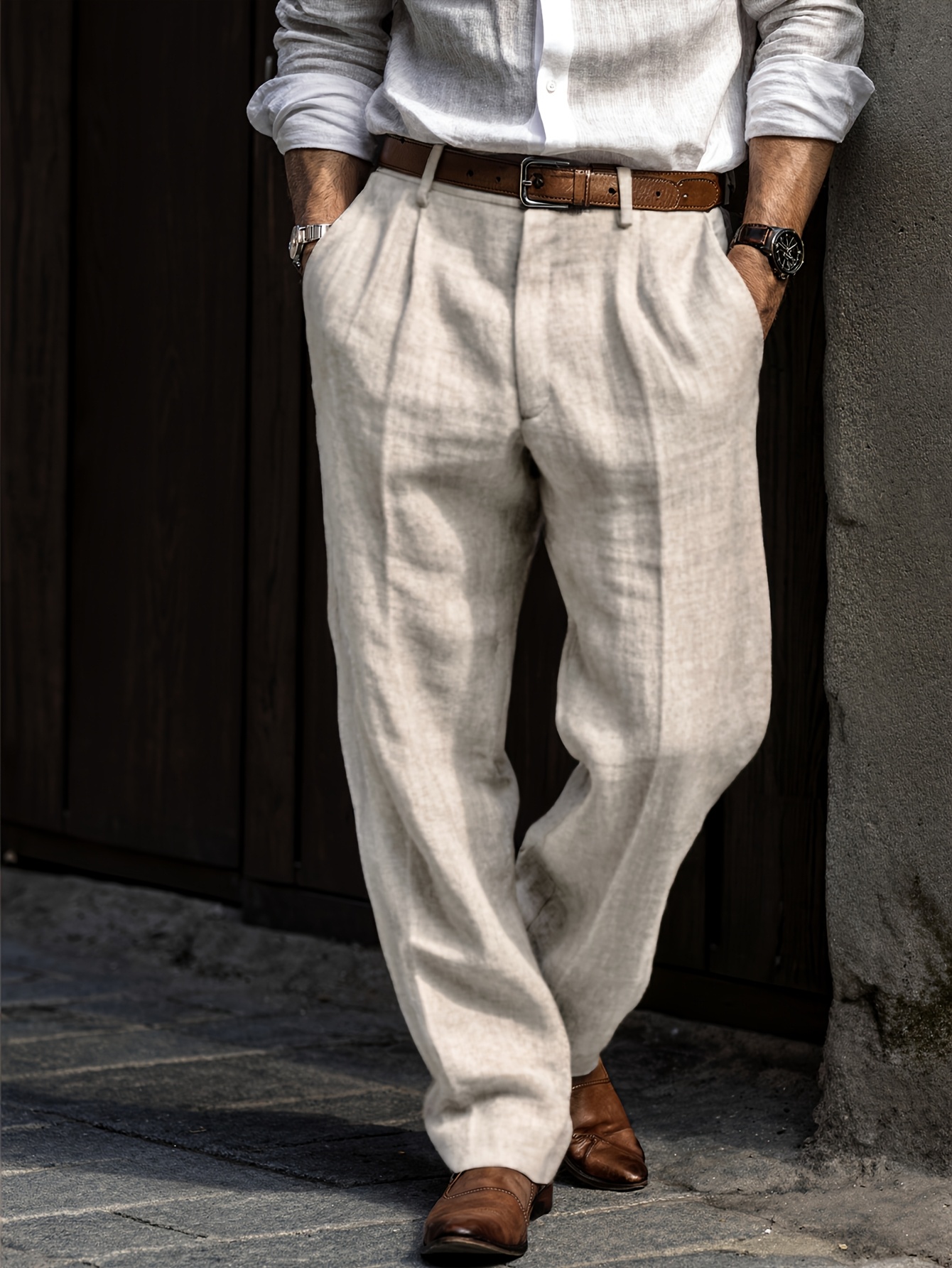 2026 spring summer new linen light business elegant italian   solid color button high waisted   fit trousers mens suit pants fashionable everyday wear mens clothing excluding belt