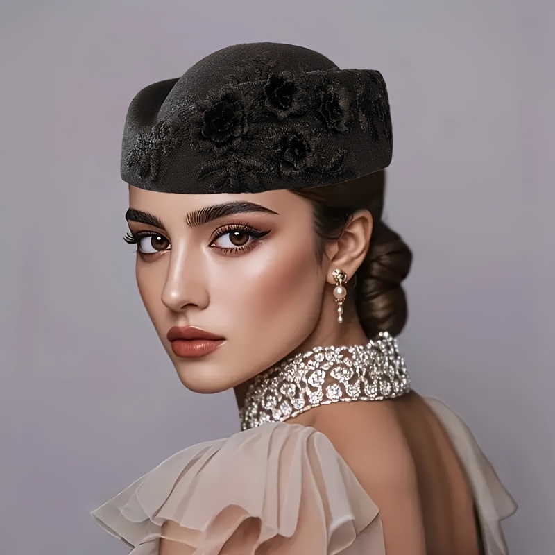 TEMU Elegant Retro Women's Felt Beret, Church Derby Hat With Veil, Soft Felt Hat Decorated With Diamond Embellishments, With Embroidered Flower