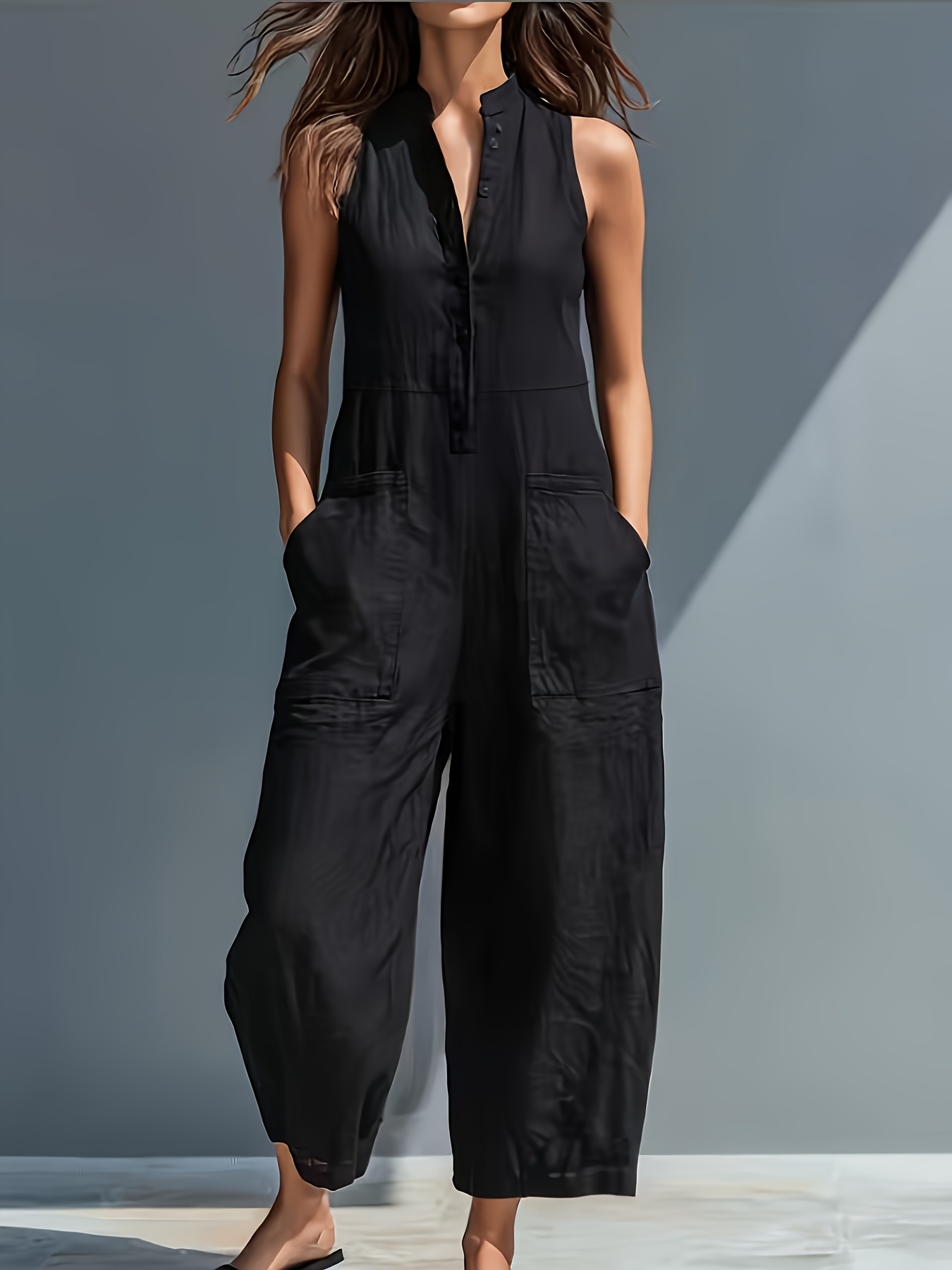 elegant womens vintage solid color jumpsuit for spring   up collar sleeveless with loose legs suitable for stylish workwear and comfortable casual wear