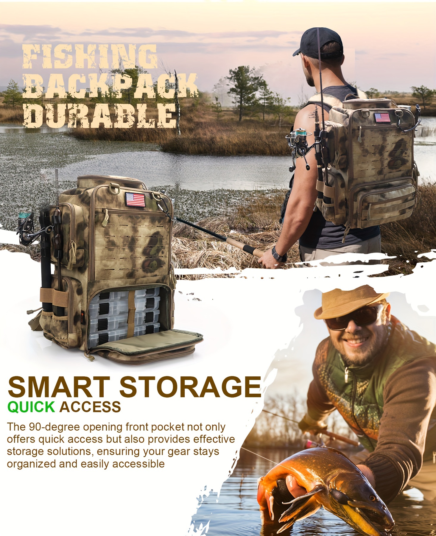 Fishing Backpacks with Rod Holders, 11.89gal Large Fishing Tackle Bag Store Fishing Gear for Fishing, Camping, Hiking, Fishing Gifts for Men