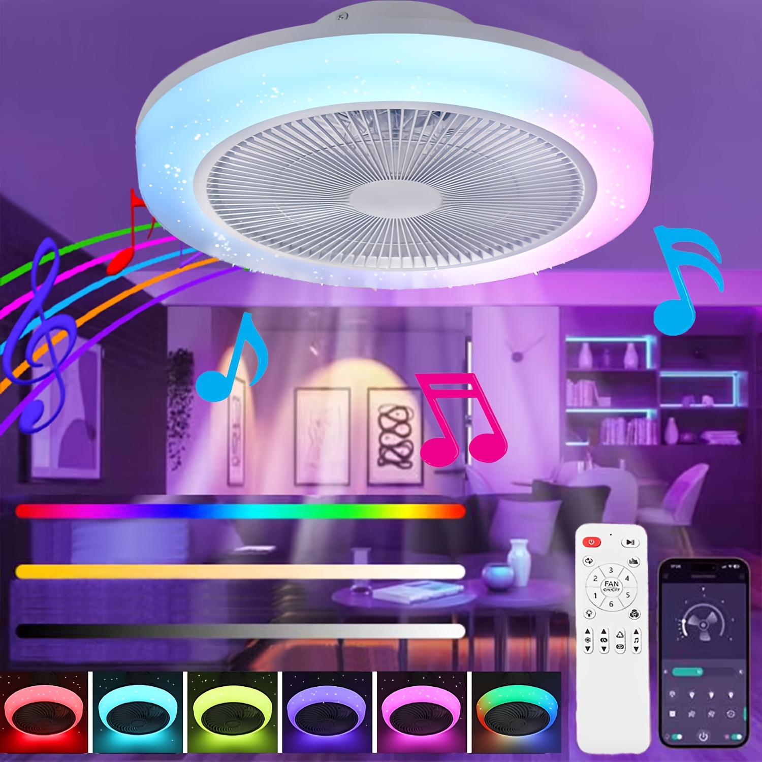 E-shop 50 cm weiße runde LED-Deckenleuchte mit Ventilator, Musik-Rhythmus-LED-Deckenventilator, eingebauter kabelloser Lautsprecher, dimmbar über