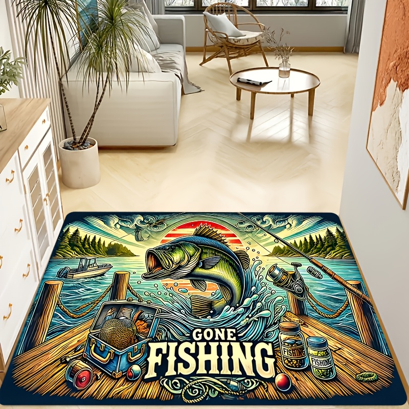 TEMU Non-slip Flannel Fishing Rug Suitable For Living Room, Bedroom, Kitchen - Vintage Leaping Fish Ocean, Machine Washable Soft Mat With Suitable