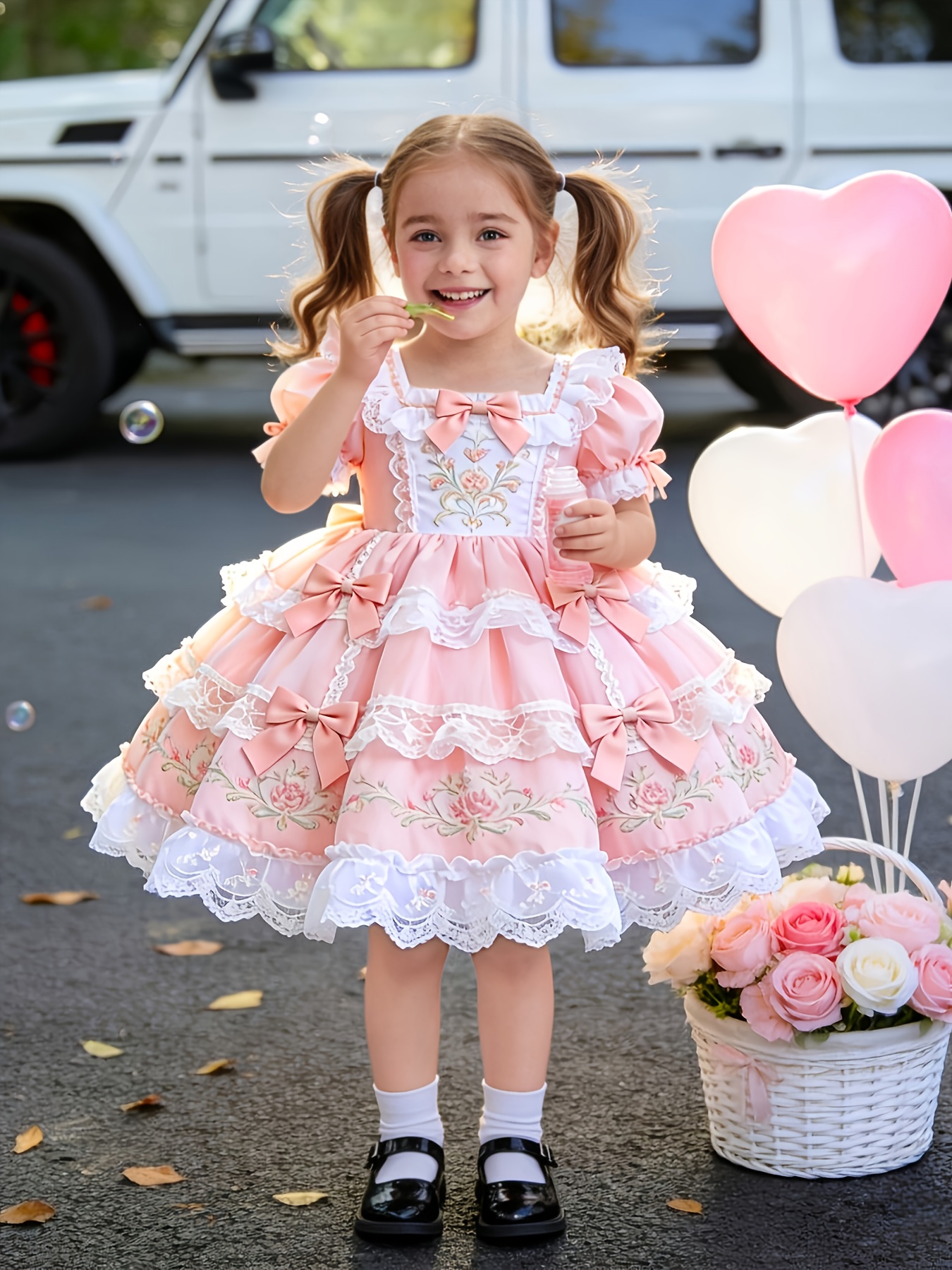 4 year old girl birthday dress *s' Dress, Pink Floral * Princess Dress, Kids Short Sleeve Lace Puffy Skirt, & * Gown Ball gown