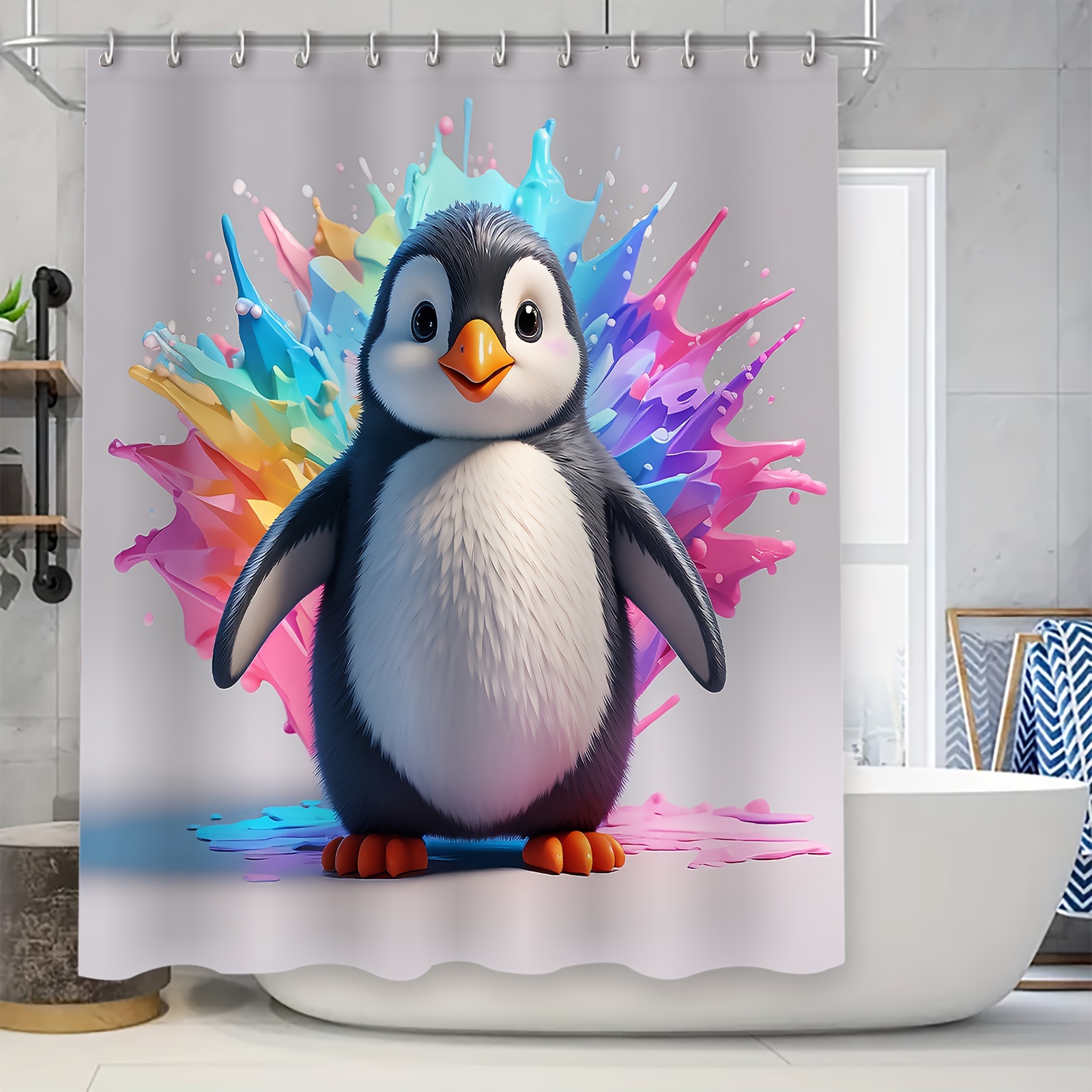 

1pc Colorful Penguin Pattern Shower Curtain, Waterproof Durable Bathroom Shower Curtain Including Hooks, Decorative Bathtub Partition Curtain, Bathroom Accessories, Home Decor