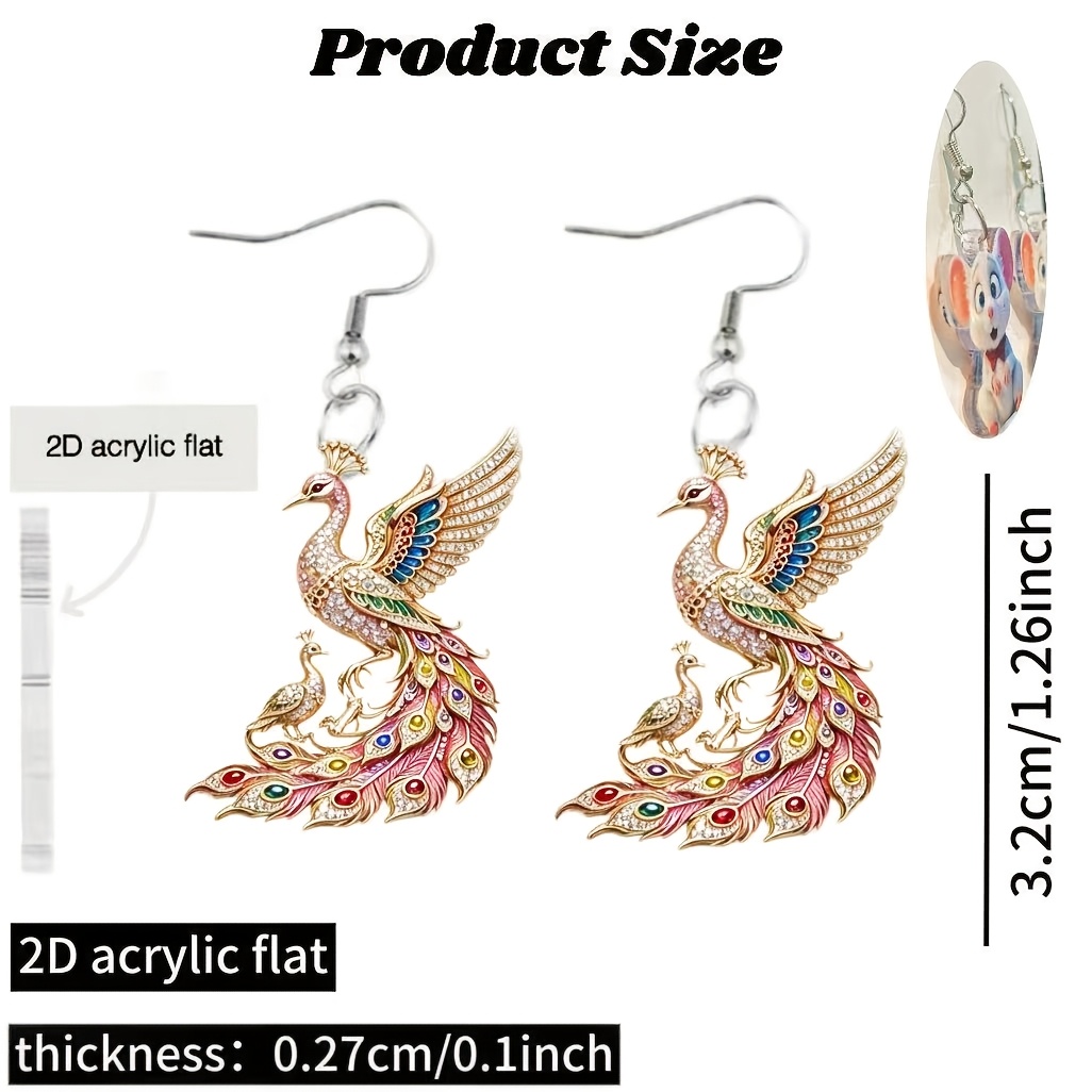 2D Flat Peacock Pattern Christmas Earrings with Charm Pendant