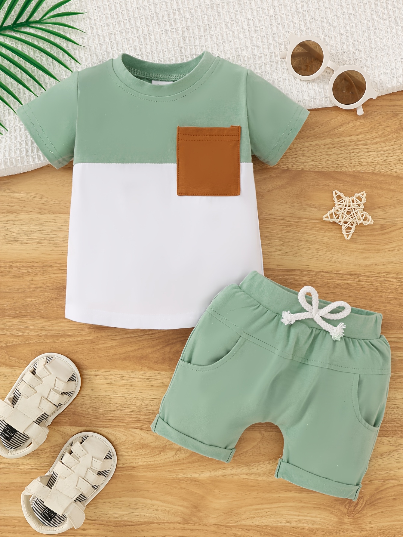 Two-Piece Set for Baby Boys Featuring a Short-Sleeve T-Shirt with a Front Pocket And Solid Color Shorts, for Outdoor