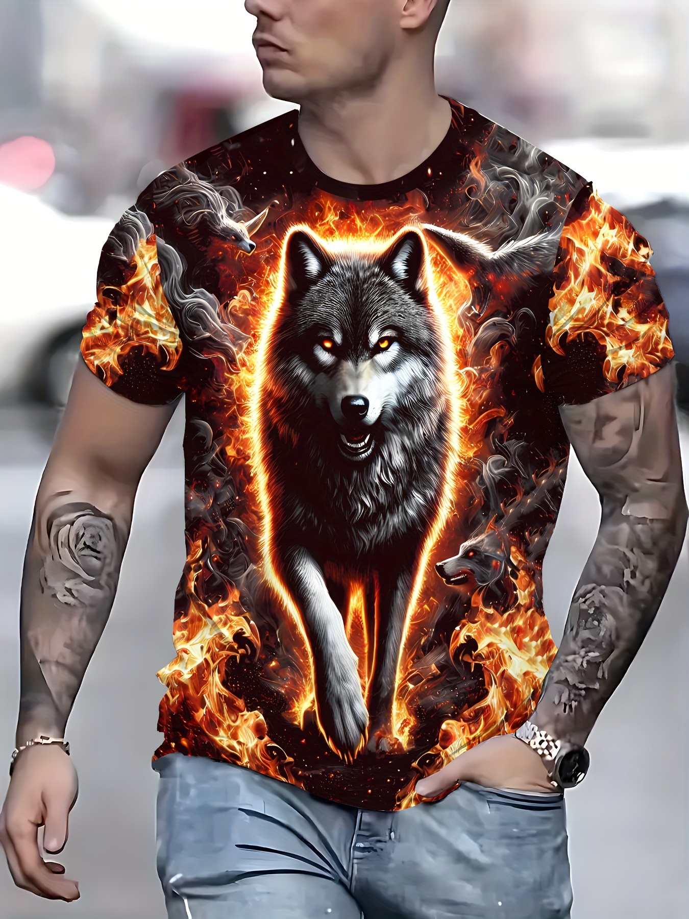 herre 3d-trykket ulv &   grafisk t-skjorte -   sommer-tee for utendørssport & fitness, maskinvaskbar rund hals kortermet casual skjorte, ulve t-skjorte, fitnessklær, dristig design, høykvalitets trykk, streetwear elskere 0