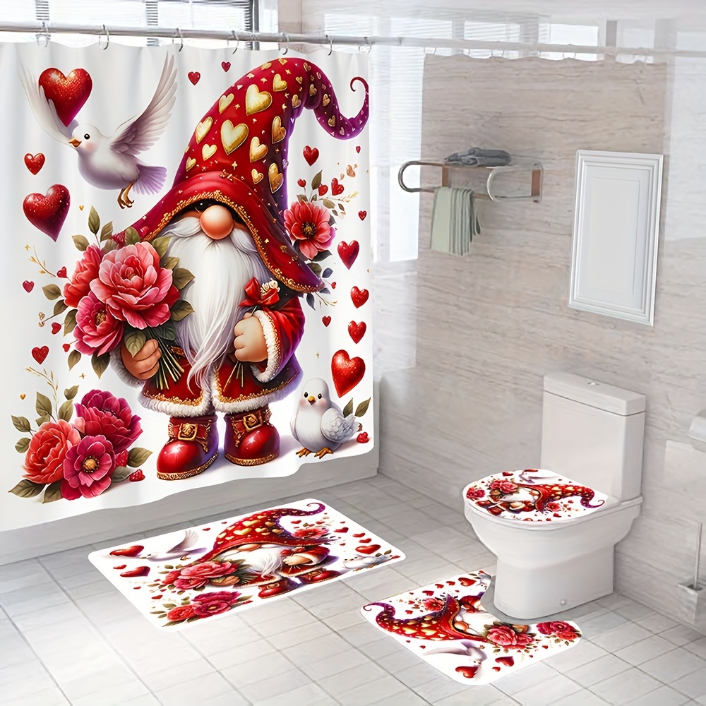 4pcs Valentine's Day Shower Curtain Set Farmhouse Romantic Rose Gnome Couple Red Heart Tree Valentine Shower Curtain for Bathroom Decor Fabric