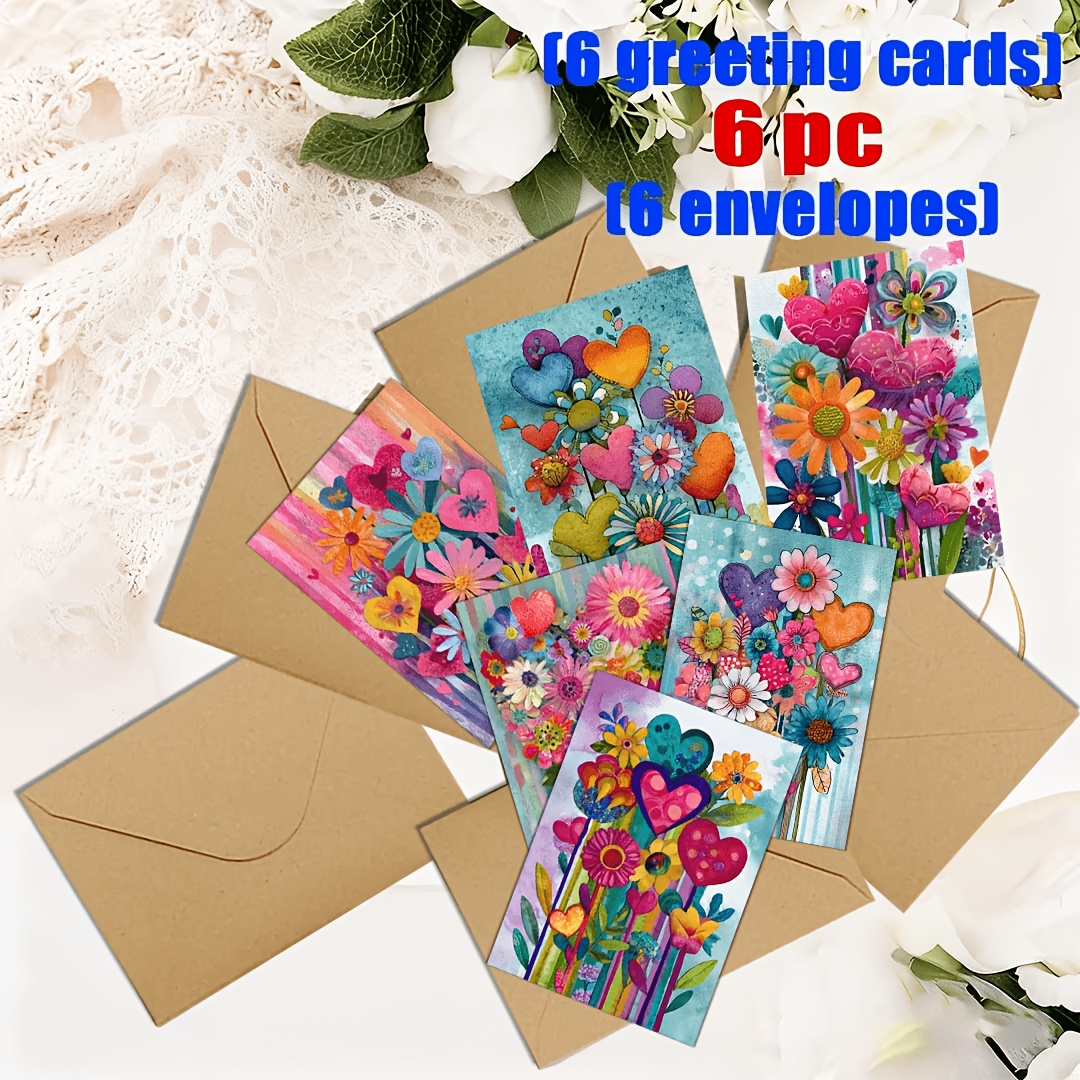 TEMU 6/12pcs Flower And Heart-themed Greeting Cards And Envelopes Set | Blank Inside Pages | Suitable For Holidays, Parties, And Event Invitations |