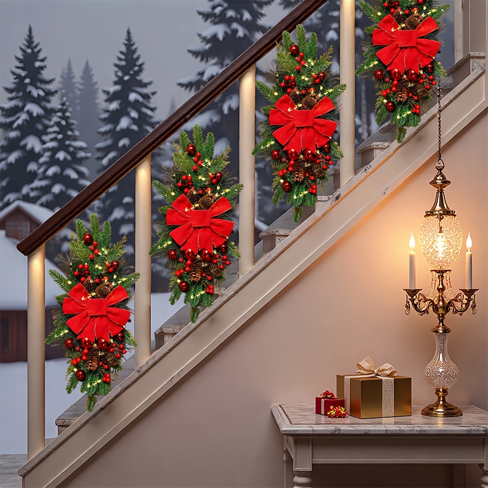 2-Pack 24-Inch Christmas Wreaths, Suitable for Doors, Stairs, Home Decor, Festive Christmas Wreaths (Red, Classic Style), Stair Hanging Wreaths, Christmas Ornaments