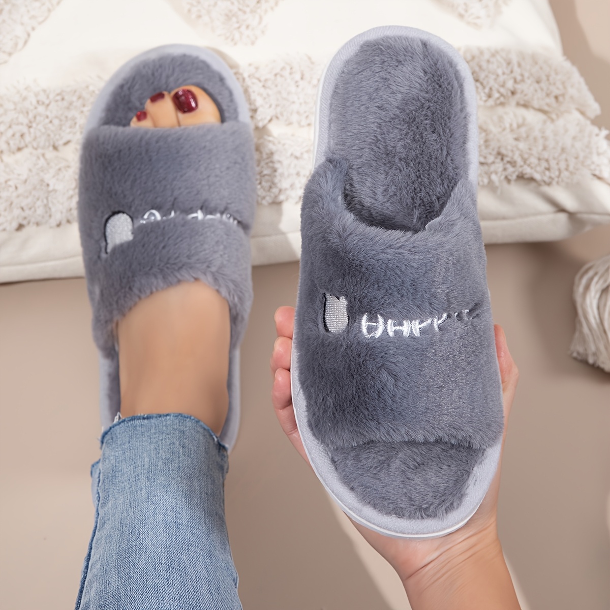 TEMU Women's Embroidered Indoor Slippers, Casual Fashion Open-toe Slippers For , Warm And Comfortable House Slippers With Eva Sole, Women Shoes