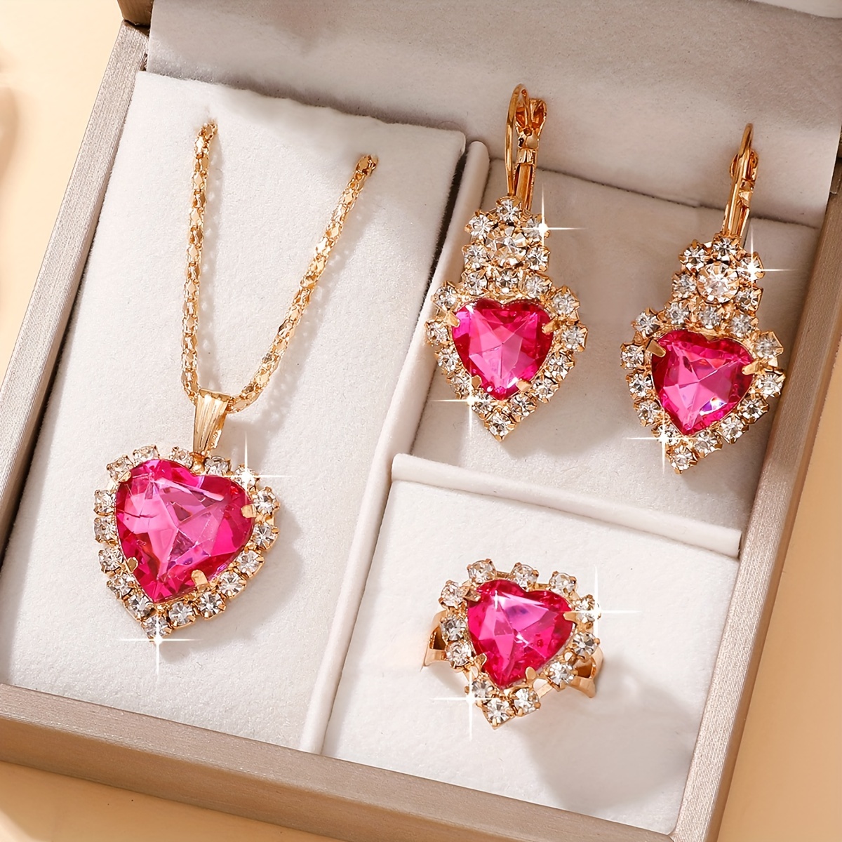 

Elegant 4-piece Jewelry Set For Women, Rhinestone Heart-shaped Pinkish Pendant, Necklace, Earrings & Ring, Daily Wear Gemstone Ensemble