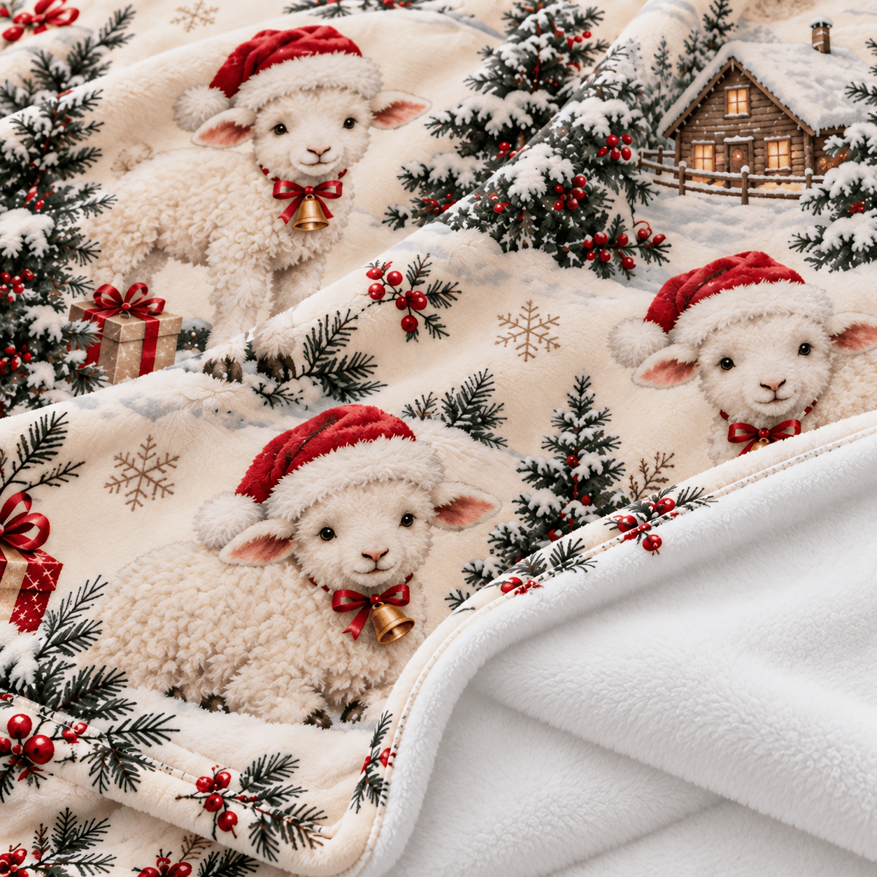 TEMU Coperta in peluche natalizio | Motivo in legno di crema con rosse | coperta invernale per la casa