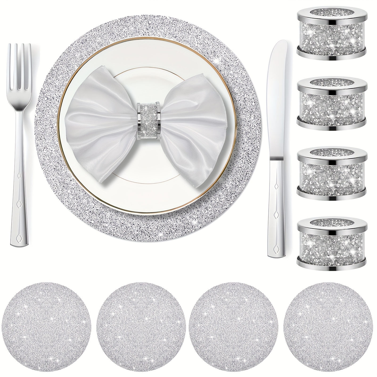 

8 Pcs Crushed Diamond Silver Napkin Rings Rhinestone Placemats Set Napkin Rings Holder Silver Crushed Rhinestone Placemats 13 X 13'' For Wedding Party Dinner Table Decoration (classic Style)