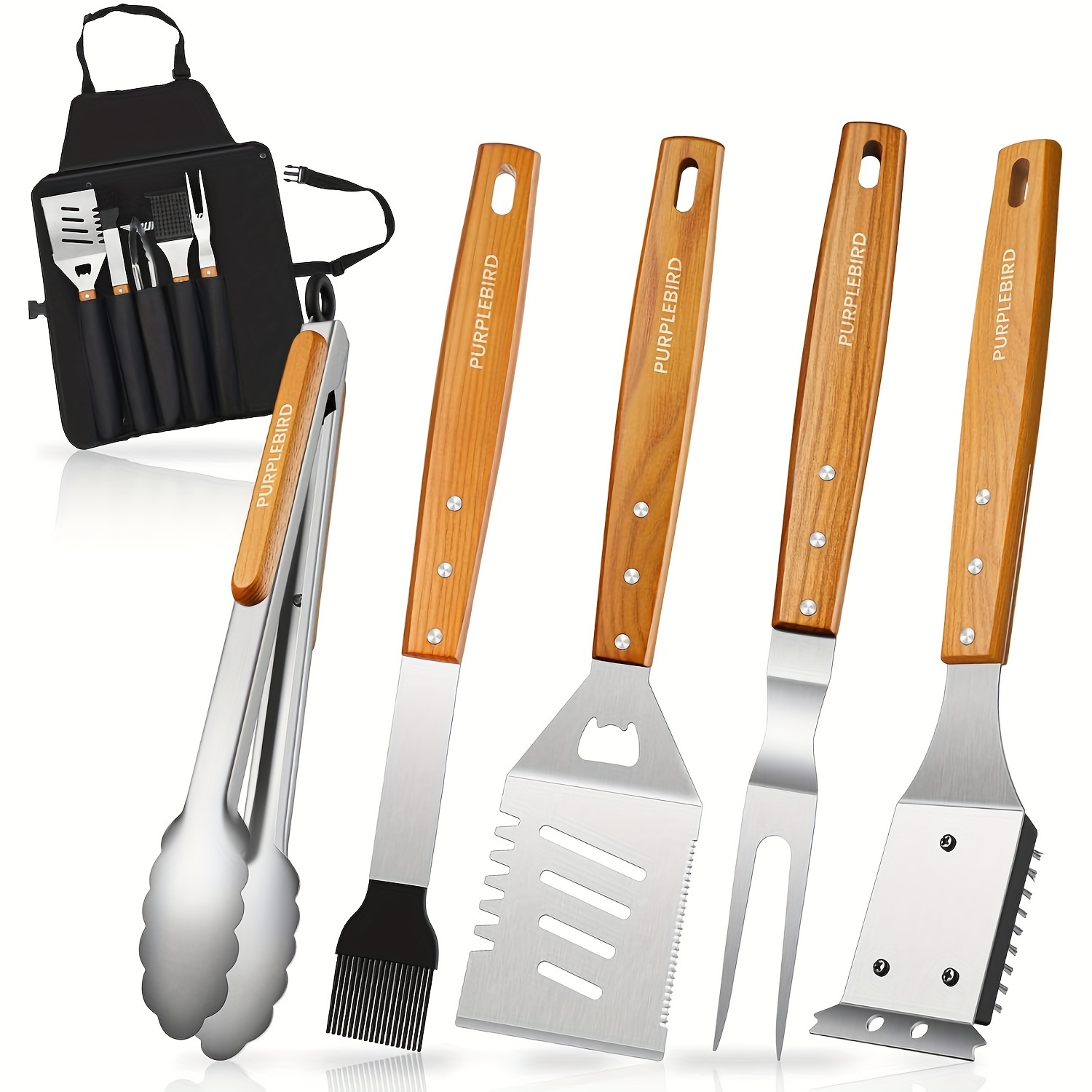 

Grill Utensils Set With Brush, 5pc Tools Bbq Set With Bag Apron, Heavy Duty Barbecue Tools Set With Long Wood Handle, Stainless Steel Grilling Accessories For Outdoor Grill, Gift For Dad