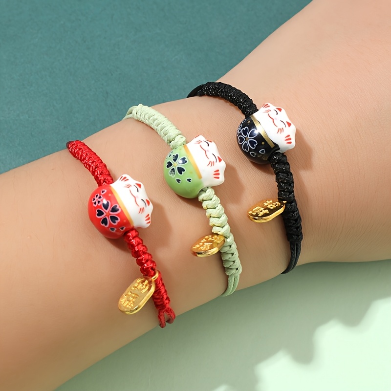 TEMU 3pcs/set Of Bohemian Cute Adjustable Woven Charm Bracelet With Ceramic Cat Pendant,multifunctional Cartoon Wristband Accessory For Christmas/new