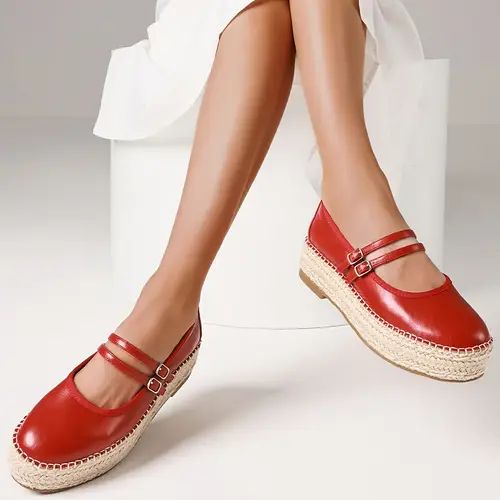 womens elegant round toe straw fabric chunky heel flats comfortable dress platform shoes