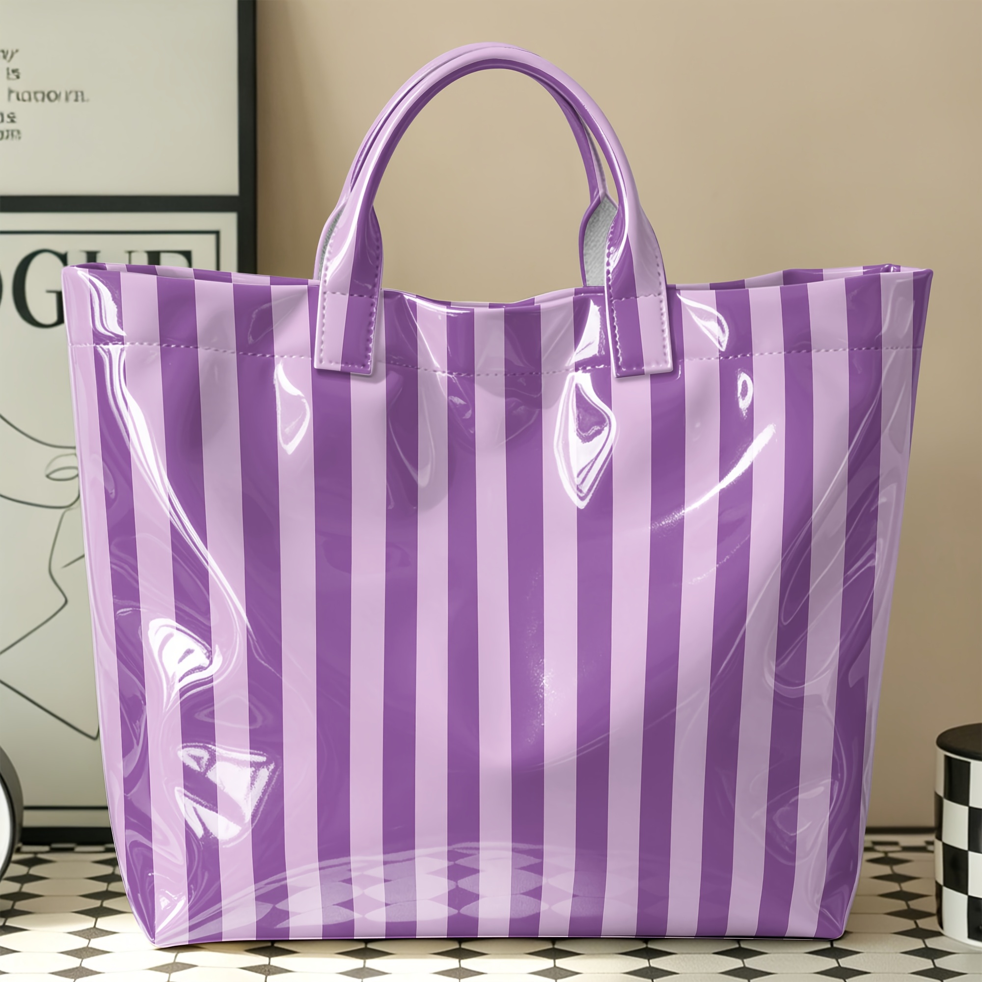 TEMU Women' High Quality Large Tote Bag Suitable For Work, Gym & Travel - Glossy Pvc Handbag With Vertical Stripe Print, /, / & Shoulder Strap For