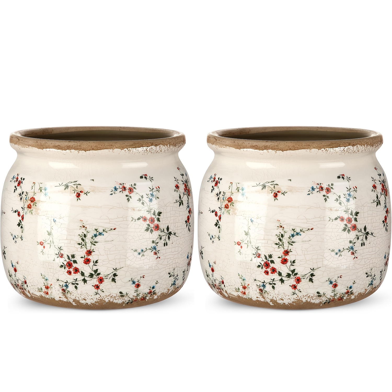 TEMU 2pcs Large Ceramic Suitable For Indoor/outdoor Use, Vintage Beige & Red Rustic Scroll Vase Pots With Floral -standing, Lightweight Suitable For