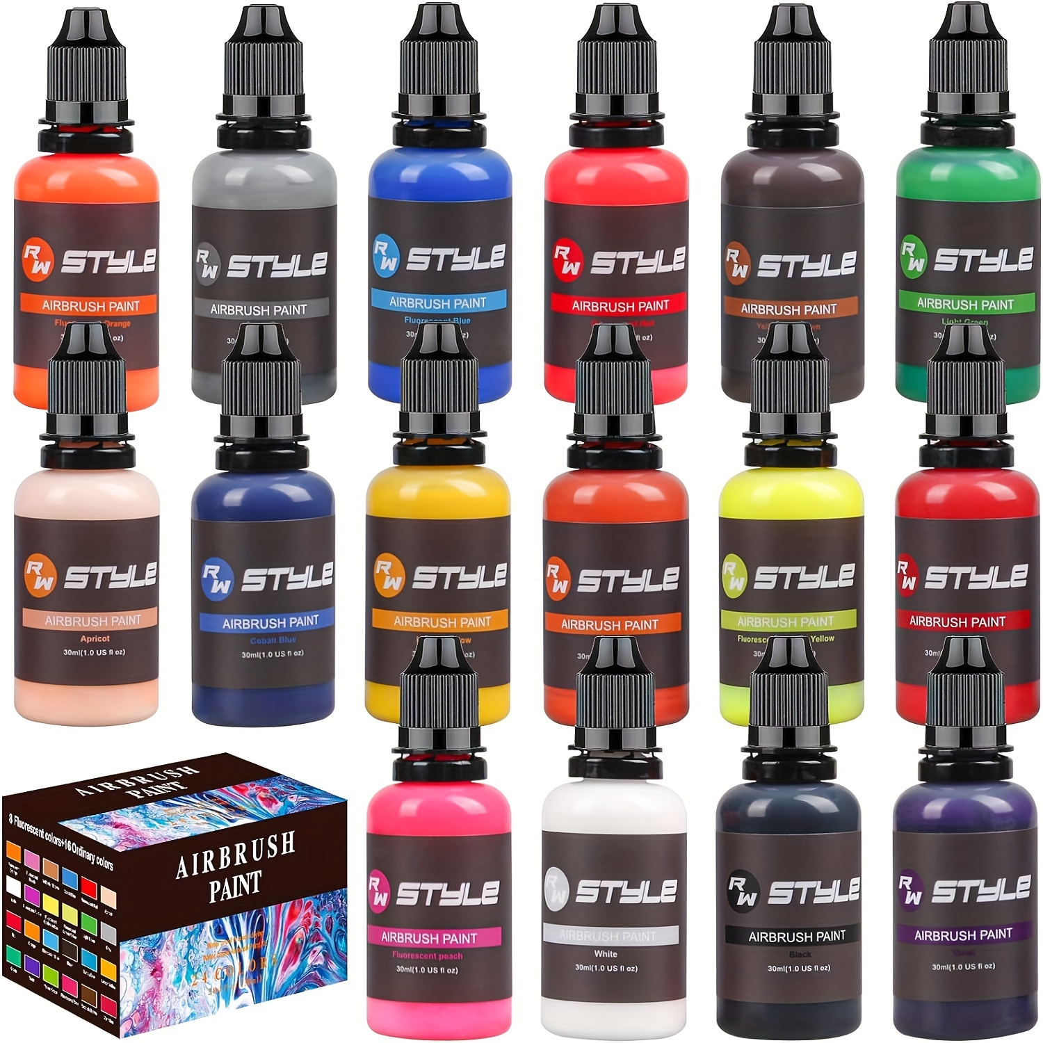 

16/ Colors Airbrush Paint Set 1fl Oz, Opaque & Colors, Leather & Shoe Acrylic Paint Kit Ready To Spray For Artists Beginners Hobbyist