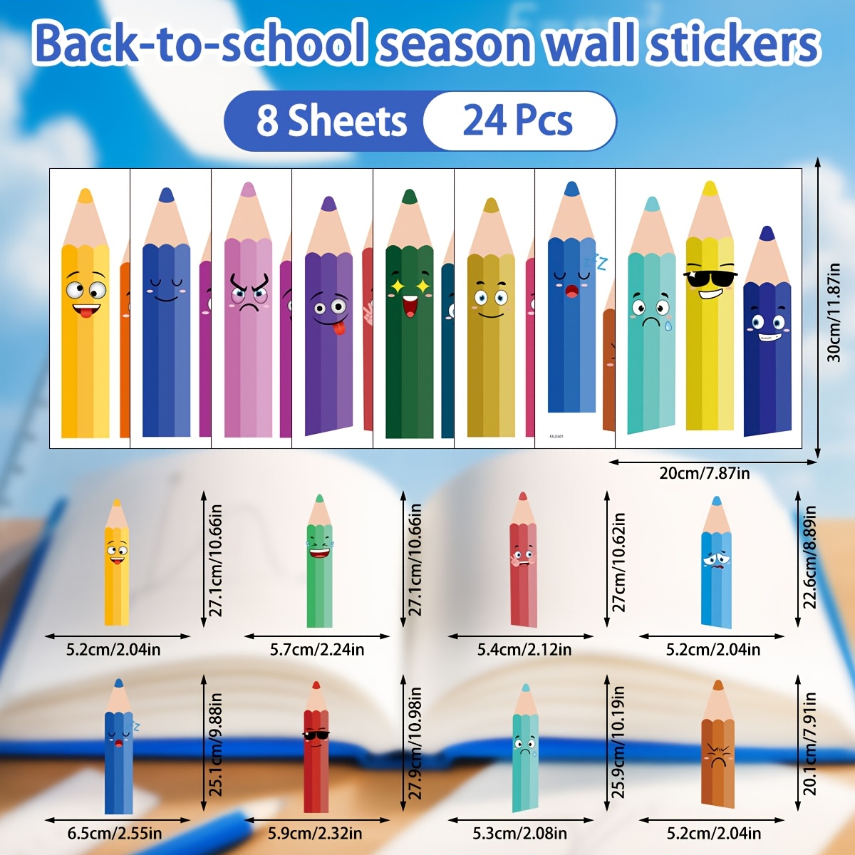 Image of 8 Sheets Of Pencil Electrostatic Stickers, School Decoration Watercolor Pencil Window Stickers, Back To School First Day Double-sided Decals, Suitable For School Playroom Decoration And Arrangement