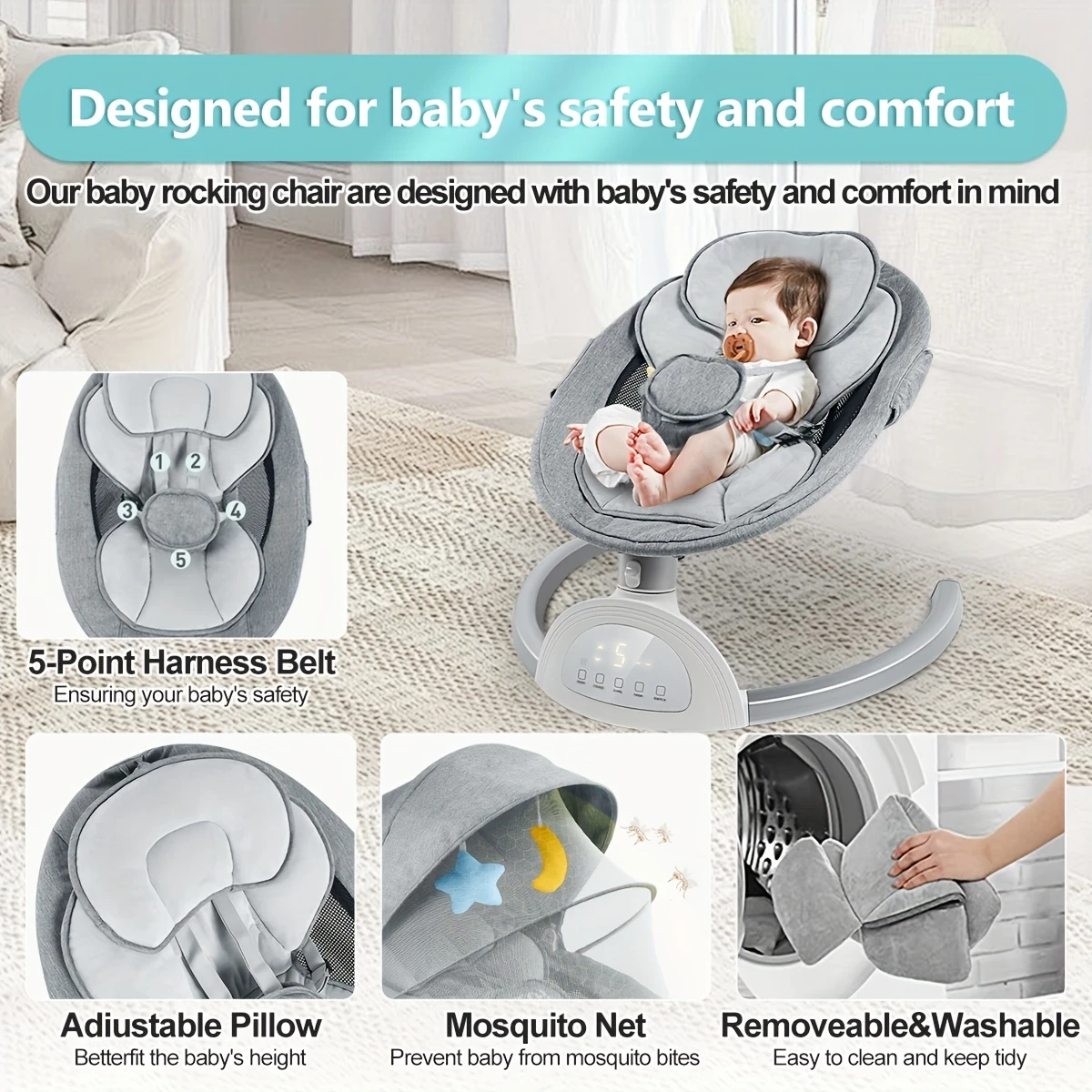 baby swings with musical speakers with 3 sitting for infants 5 point harness 5 portable baby swing for indoor and outdoor use as a halloween christmas gift details 3