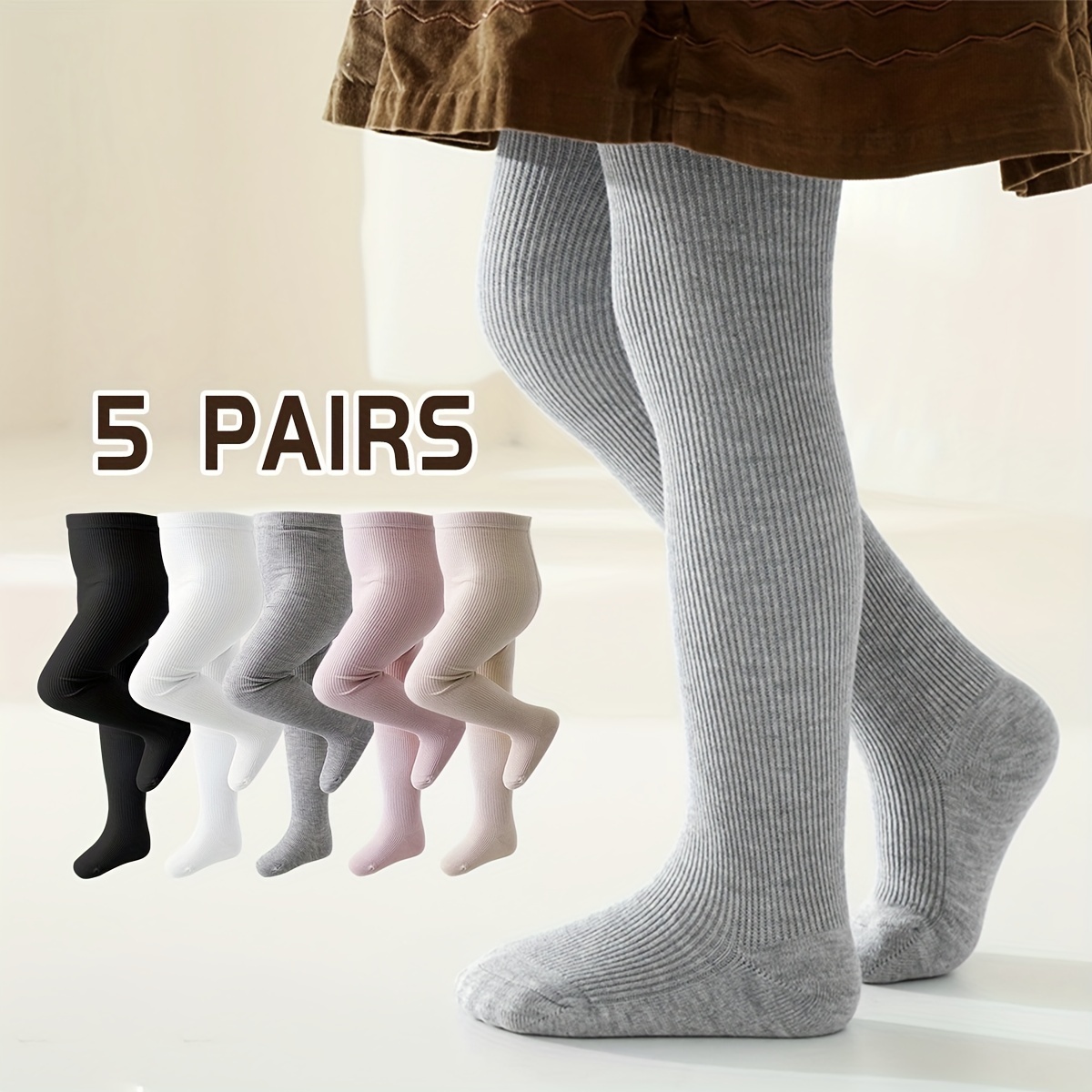 

Girls' Solid Color Knit Tights 5-pack - Polyester And Spandex , Hand Wash Only, Stretchy Leggings For Children Aged 12 And Under