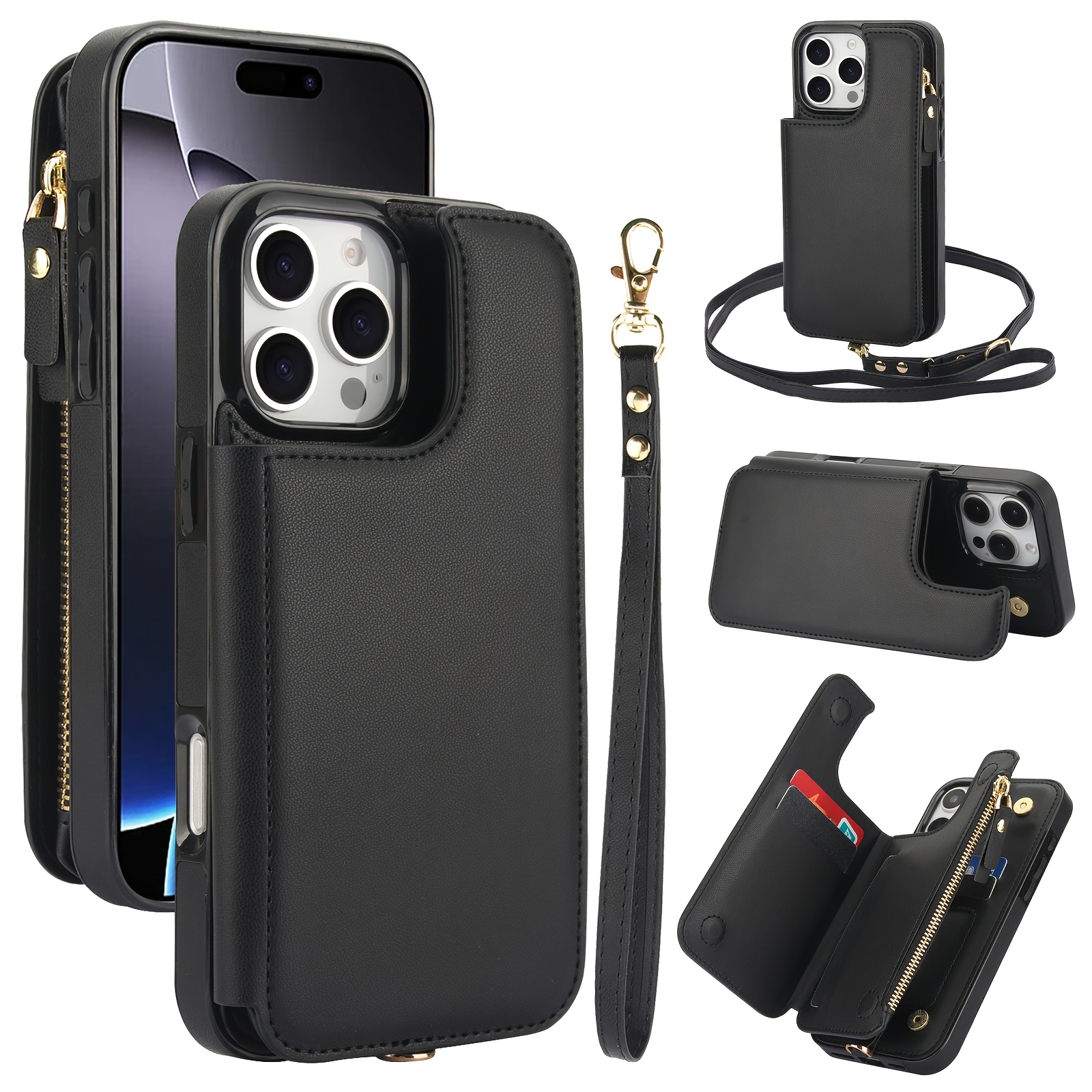 Wallet Case for iPhone 16/ 15/ 14/ 13/ 12/ 11 Pro Max 16 Plus/ 15 Plus/ 14 Plus/ 13 Mini/ 12 Mini/ 7/ 8/ SE 2020/ SE 2022 with Card Slot Holder, Magnetic Flip Folio Purse Case, Zipper Handbag with Detachable Lanyard Strap
