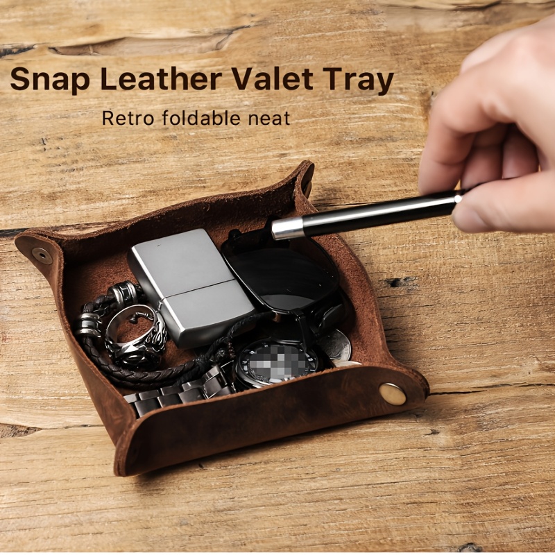 handcrafted   genuine leather square desktop organizer in deep brown featuring 4 snap closures and rounded corners this portable bedside desktop storage box serves as a versatile multi purpose organizer for keys wallets jewelry and small Product details 8