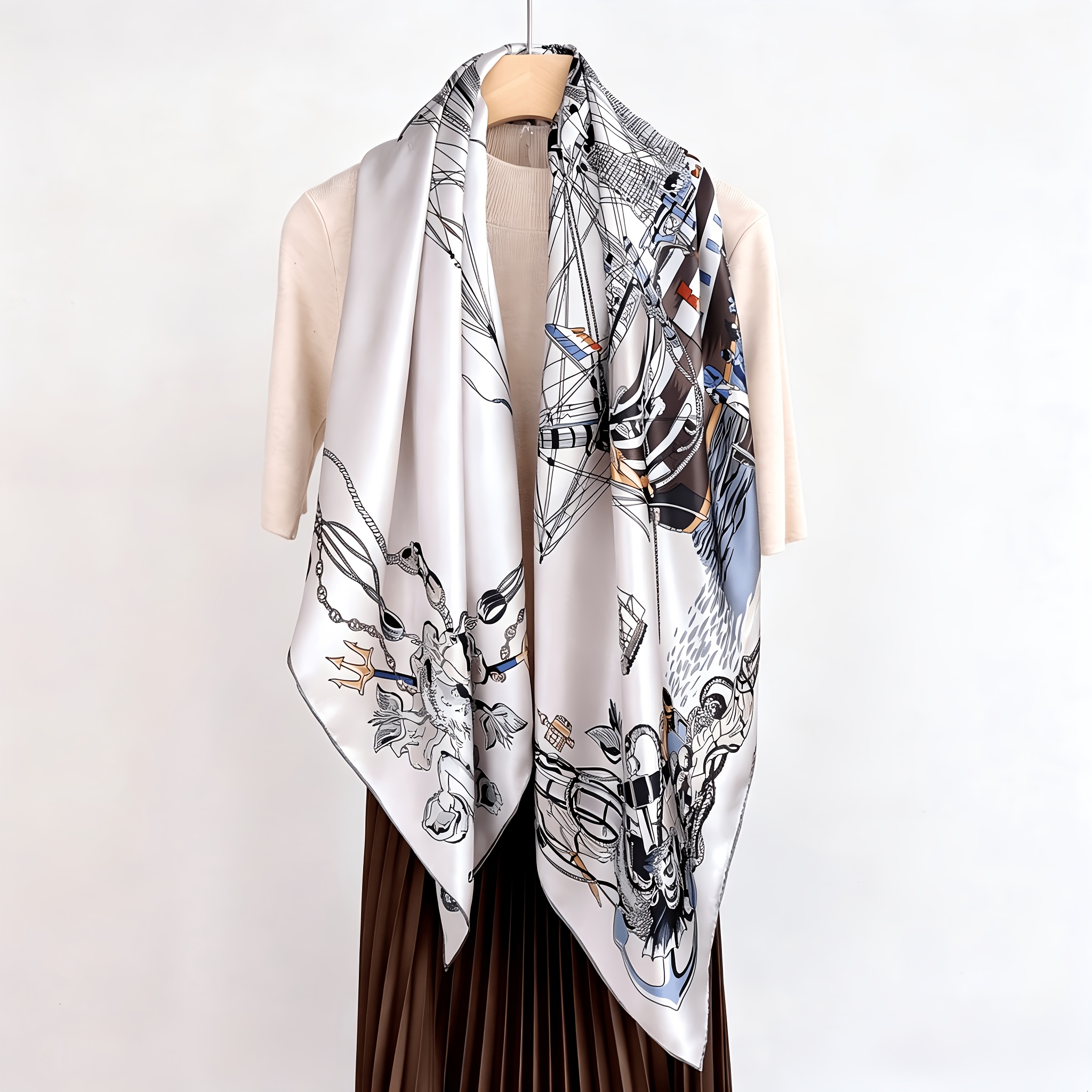 One 100% Silk Women's Square Scarf with a Silky Smooth Texture, Measuring 110cm X 110cm. This Oversized Scarf Offers Multiple Uses—it Can Be Worn as a Shawl, Scarf, or Neckerchief. Featuring a Simple Line-art Print, It Pairs Well with a Blazer