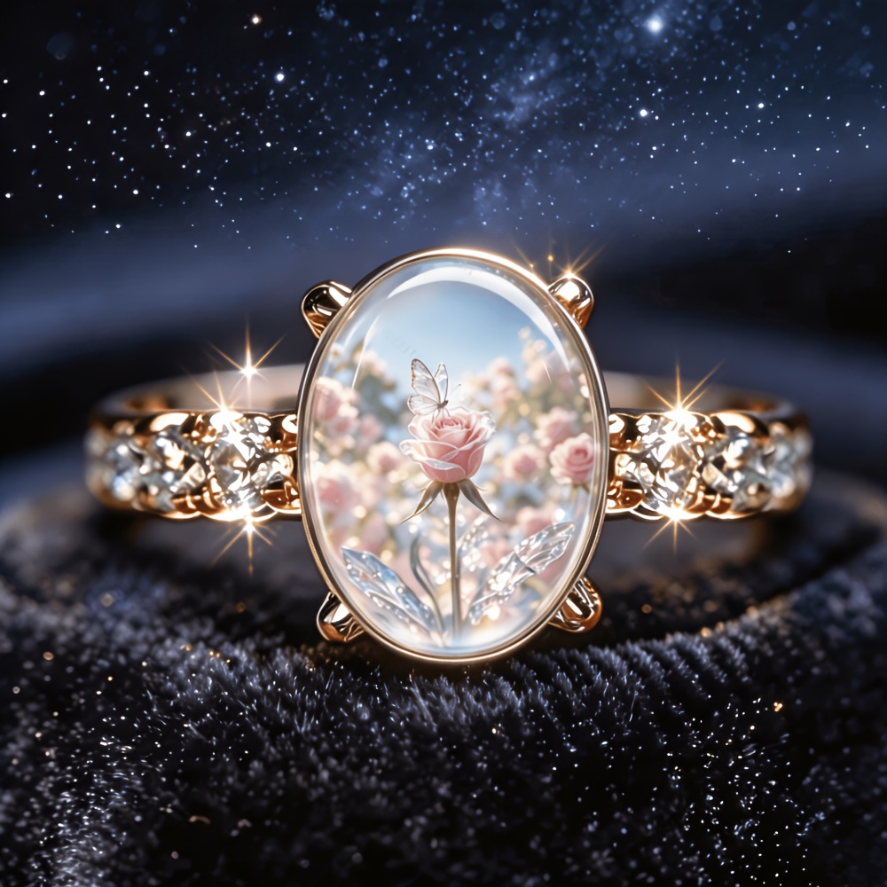 Elegant Pink Rose Patterned Women's Fashion Ring, Hypoallergenic