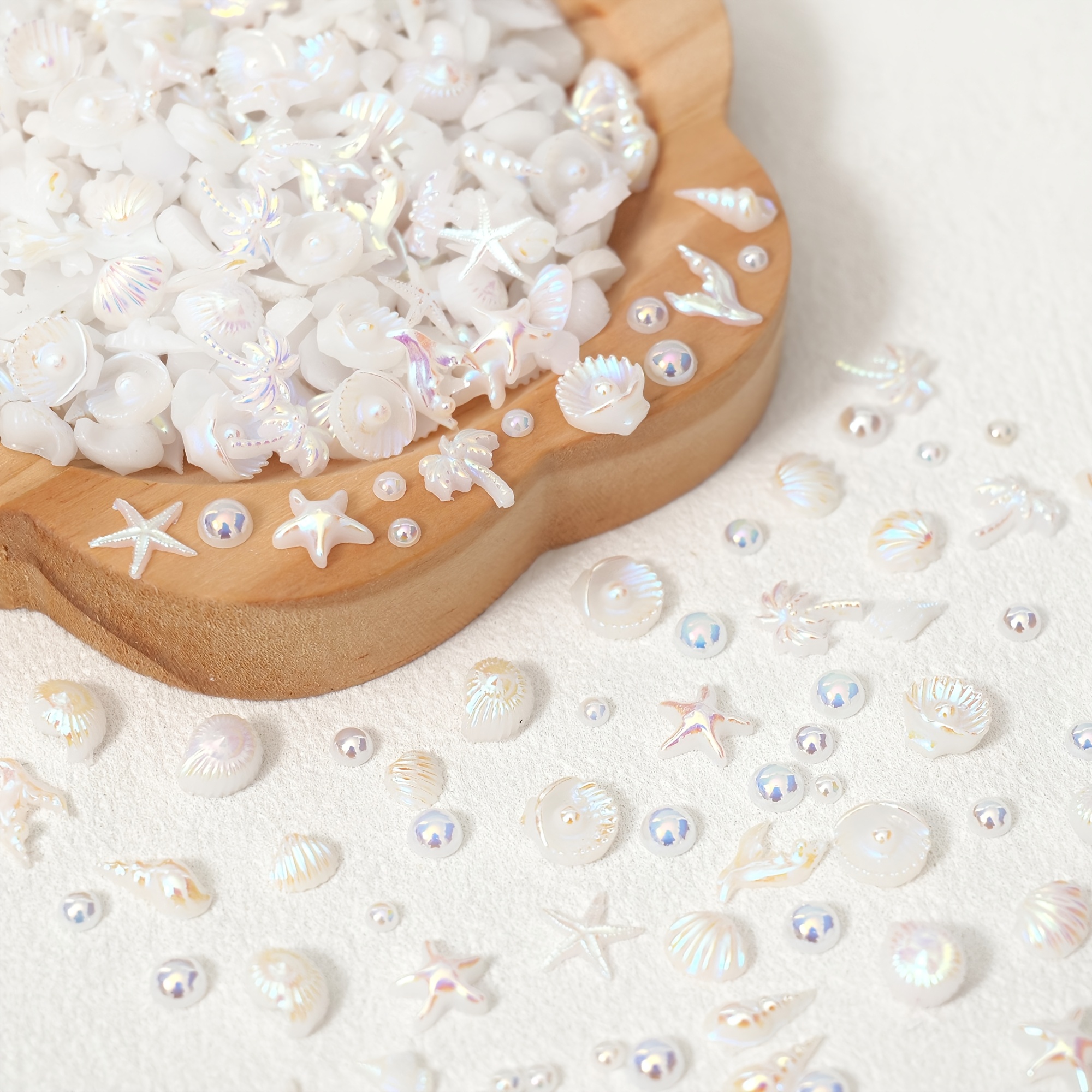 TEMU 150pcs/bag Mixed Cute Mini White, Pink, Blue Color Starfish, Shells For Nail Charms For Nail, Mix Size Ab Color Flat Back Pearls Summer For Nail