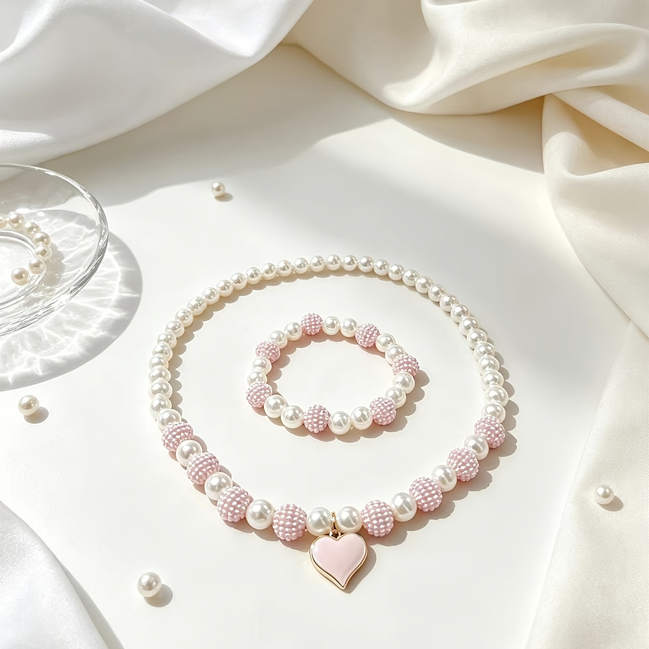 TEMU Ensemble collier et bracelet cœur rose crème de style Ins, accessoire de chaîne de clavicule doux et