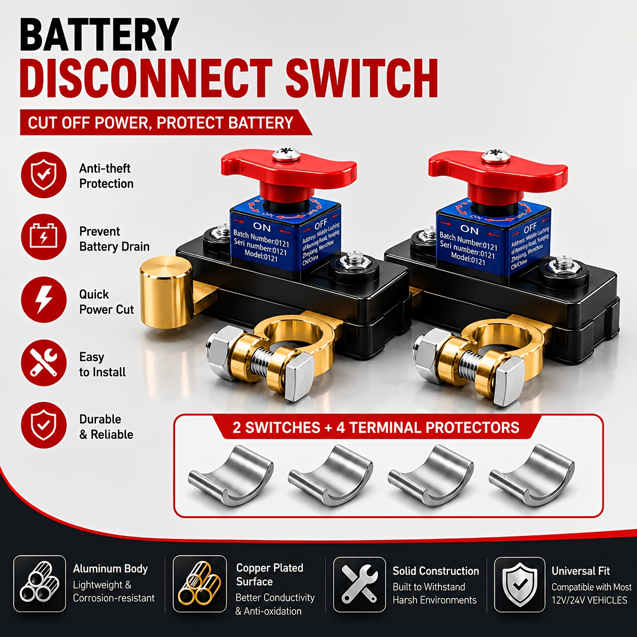 TEMU 2pcs Battery Negative Terminal Disconnect Switch Set With 4 Terminal Protectors, 12v 24v Manual Battery Cut-off Switch For Car, Truck, Rv, Atv