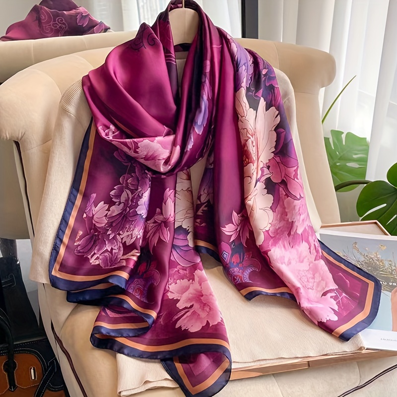 TEMU Purple Flower Printed Chiffon Scarf Thin Satin Smooth Shawl Casual Sunscreen Travel Scarf For Women