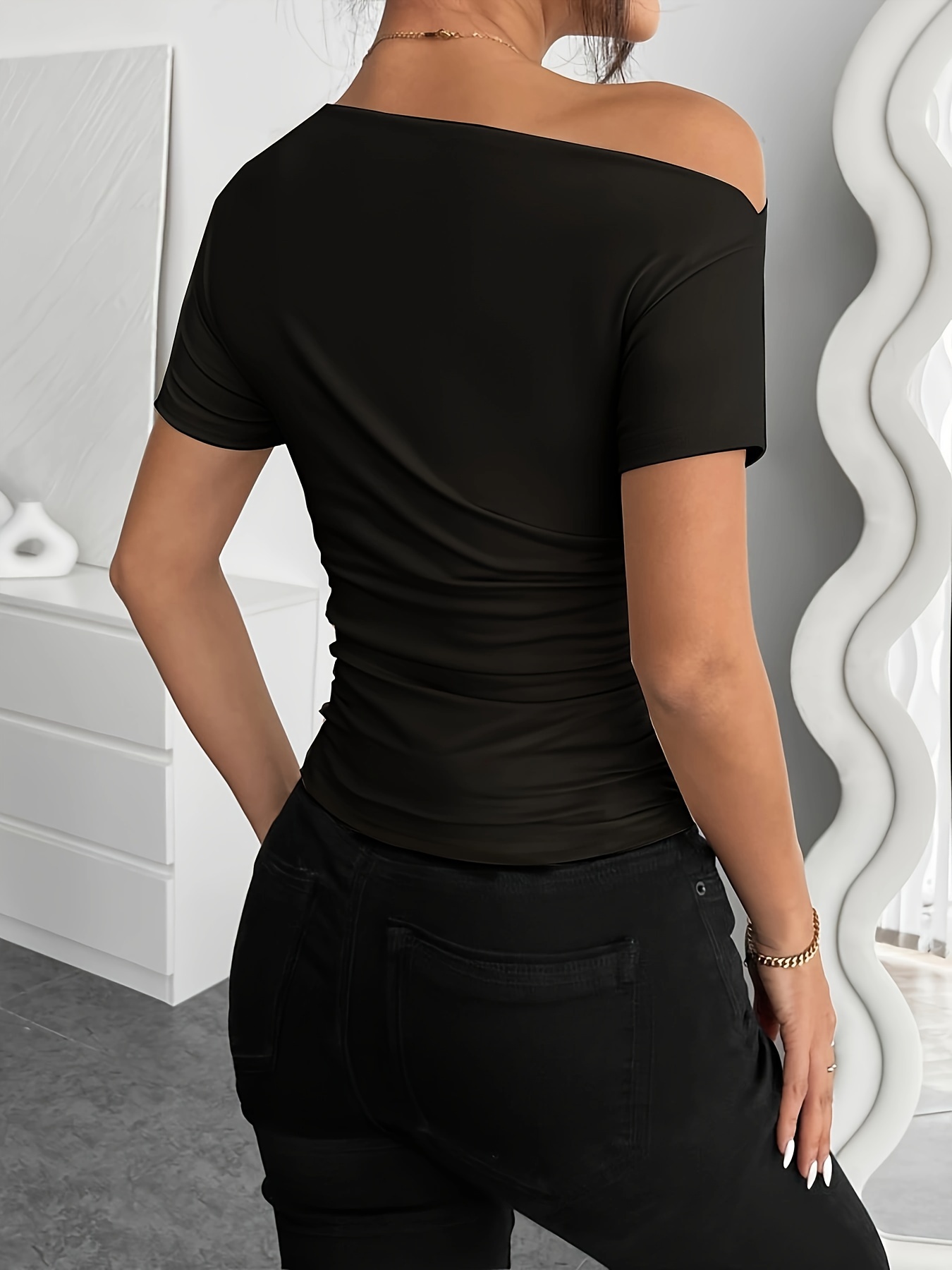 Elegant Brown Off-Shoulder Ruched Asymmetrical T-Shirt - Chic Short Sleeve, Polyester & Spandex Blend, Machine Washable - Ideal for Spring/Fall Fashion
