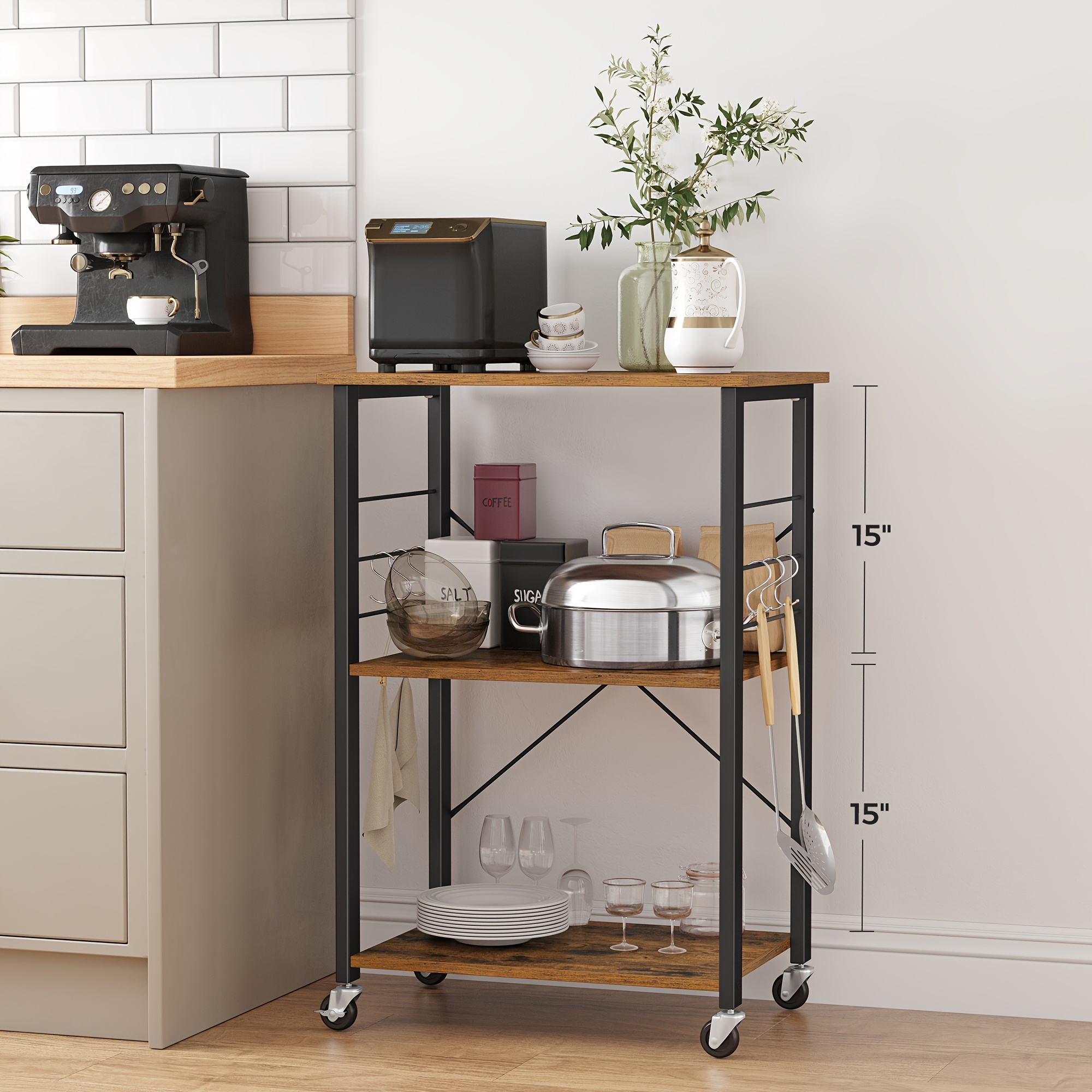 TEMU Étagère de cuisine sur roulettes, chariot de service avec 3 étagères, chariot de cuisine, étagère pour micro-ondes, pour , grille-pain, avec 6