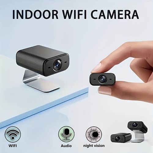 smart wifi indoor security camera in black 480p hd resolution allows through a smartphone app designed for home surveillance wireless setup and ideal for for home and office security without battery