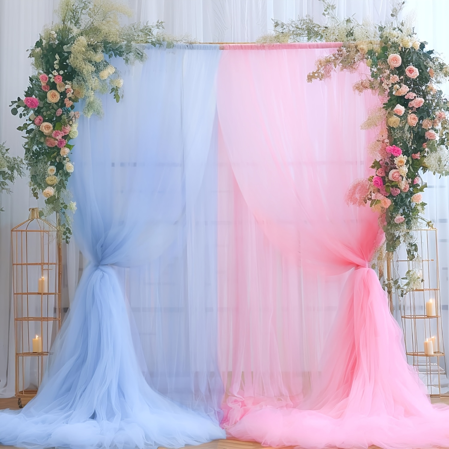 layered fabric wedding backdrop navy tulle and pink pongee