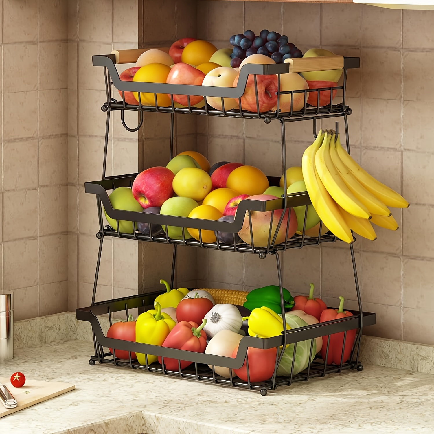 

2-tier/3-tier Countertop Fruit Basket With 2 Banana Hangers For Kitchen, Detachable Metal Organizer For Bread Vegetable Fruits With Wooden Handle, Large Capacity Rectangular Storage Stand Bowls, Black