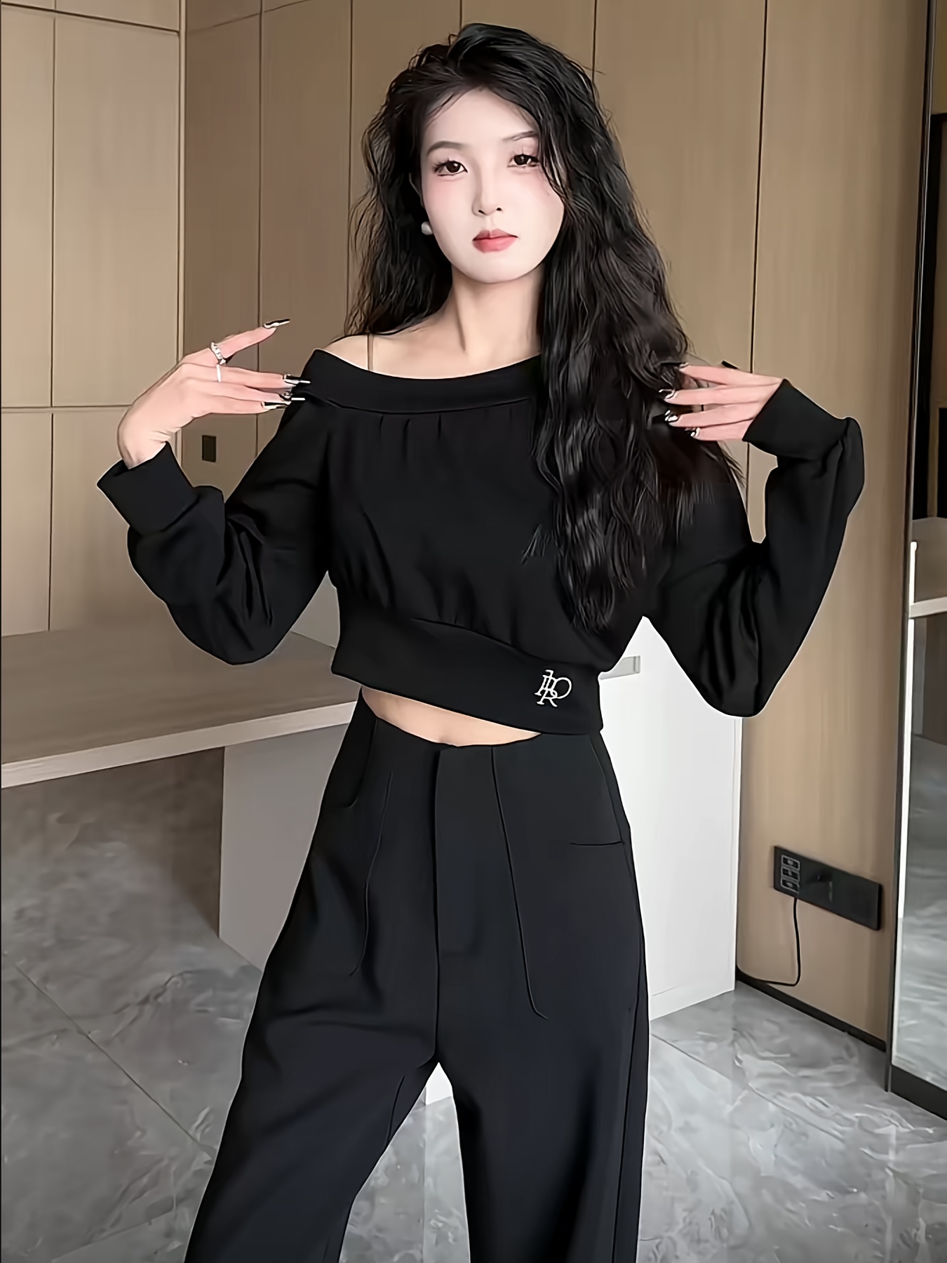 Women's Sexy Off-Shoulder Cropped Long Sleeve Top High Fit Stretchy  Shirt with Asymmetrical Neckline Letter Print, Black Versatile Layering 