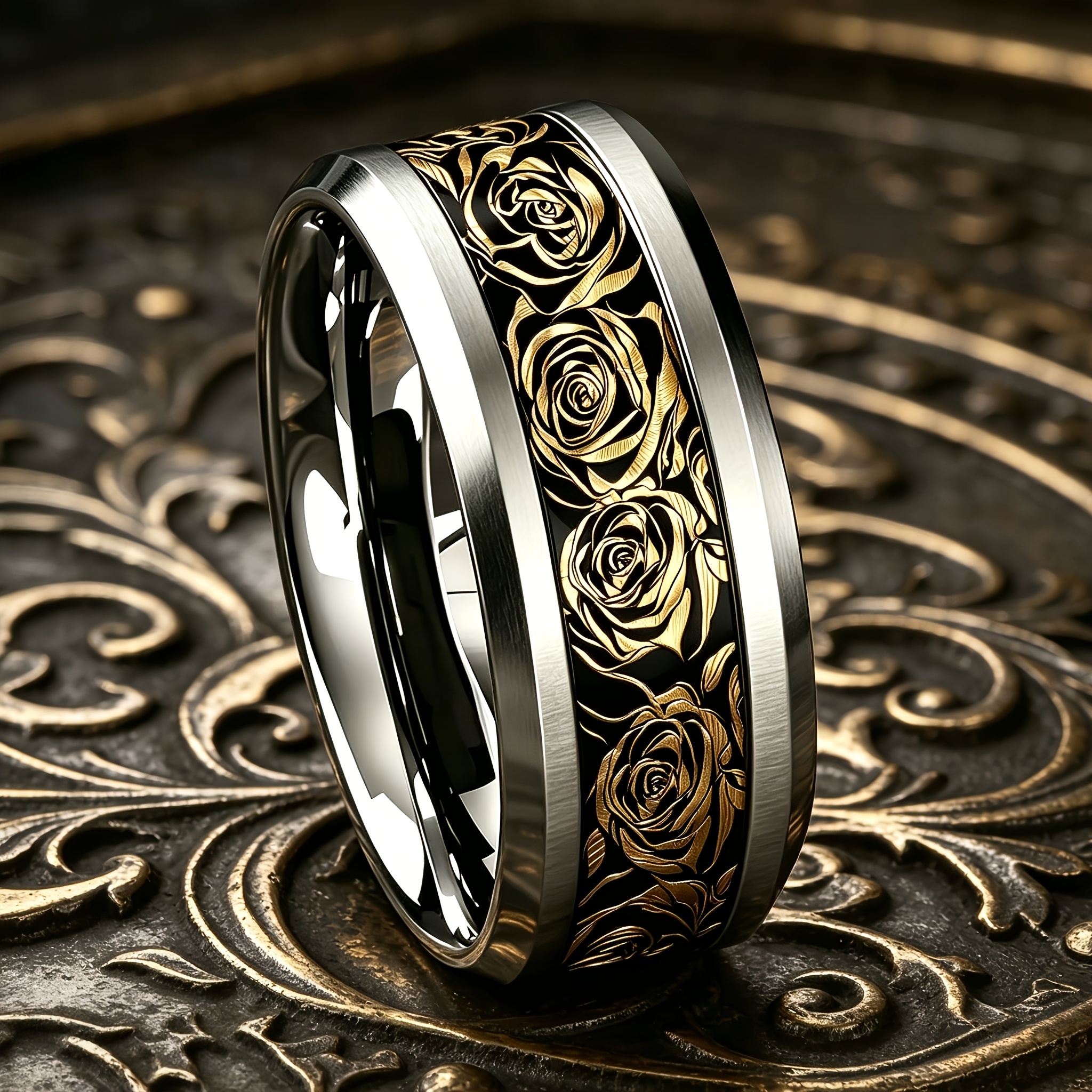 Vintage-style Unisex Ring, Black and Golden Rose 304 Stainless Steel Ring, 8mm Wide, 80.31gal 304 Stainless Steel, Scratch-resistant and Wear-resistant. Vintage Light Luxury High-end Style, Unisex Niche Design Accessory, Suitable for Daily Wear /