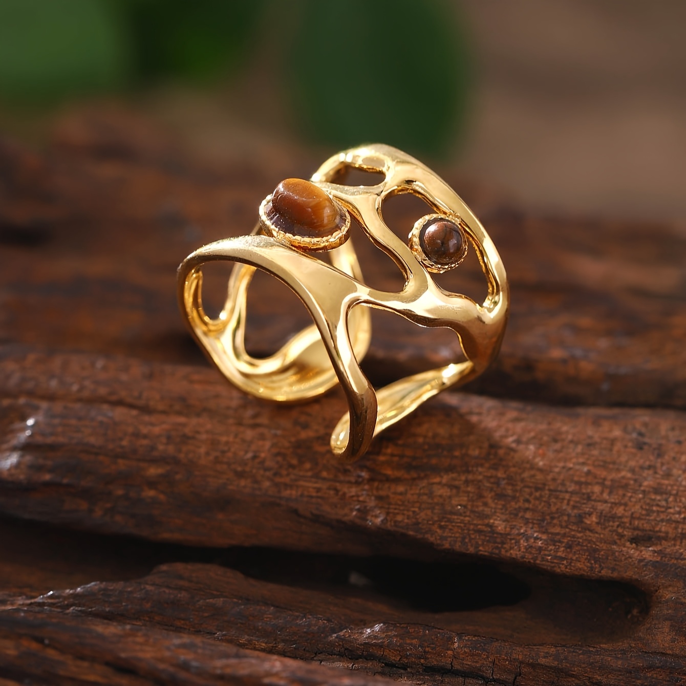 Vintage Stainless Steel Ring with Brown Stone Inlay