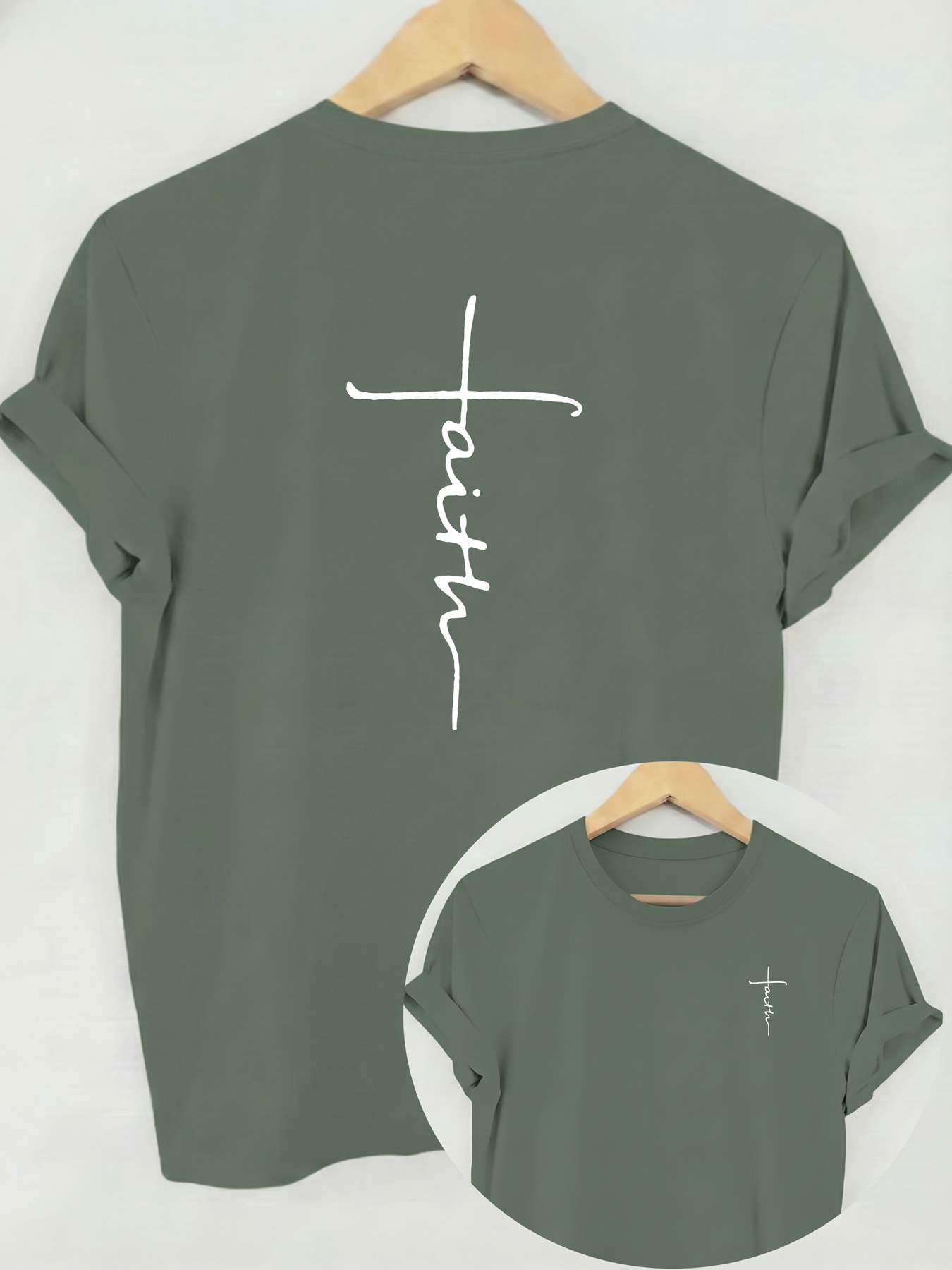 dieses damen-freizeit-top mit kurzen ärmeln für frühling und sommer zeichnet sich durch einen rundhalsausschnitt mit einem weißen, handschriftlichen kreuz und dem   faith in einem kombinierten design aus. es eignet sich für bequeme tragbarkeit das ganze jahr über.
