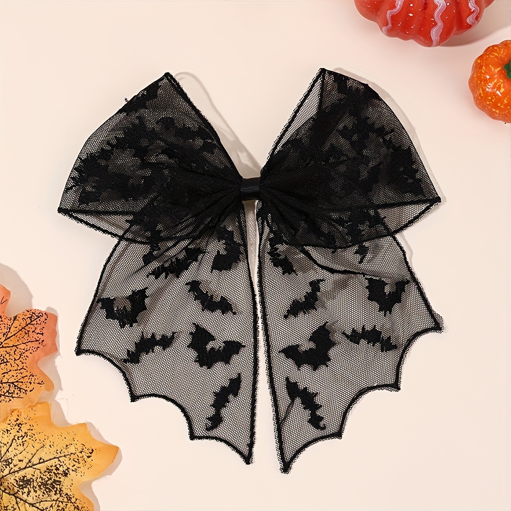 3 pairs halloween bat silhouette hair clips - gothic lace polyester hairpins with black bows, exaggerated design for women &,   cosplay, costume parties & casual attire, festive hair accessories for halloween, halloween costume, gothic style, durable hairpins Product details 1