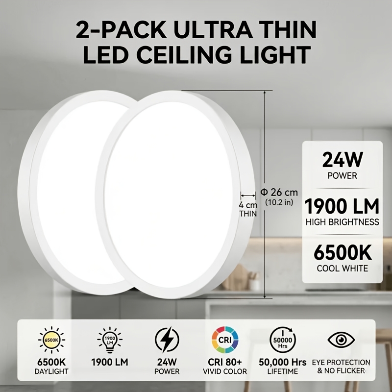 TEMU [2 Pack] 24w Led Ceiling Light 6500k Cool White 1900 Ultra-thin Round Panel Light Modern Recessed Lighting Energy Saving Eye Protection -free